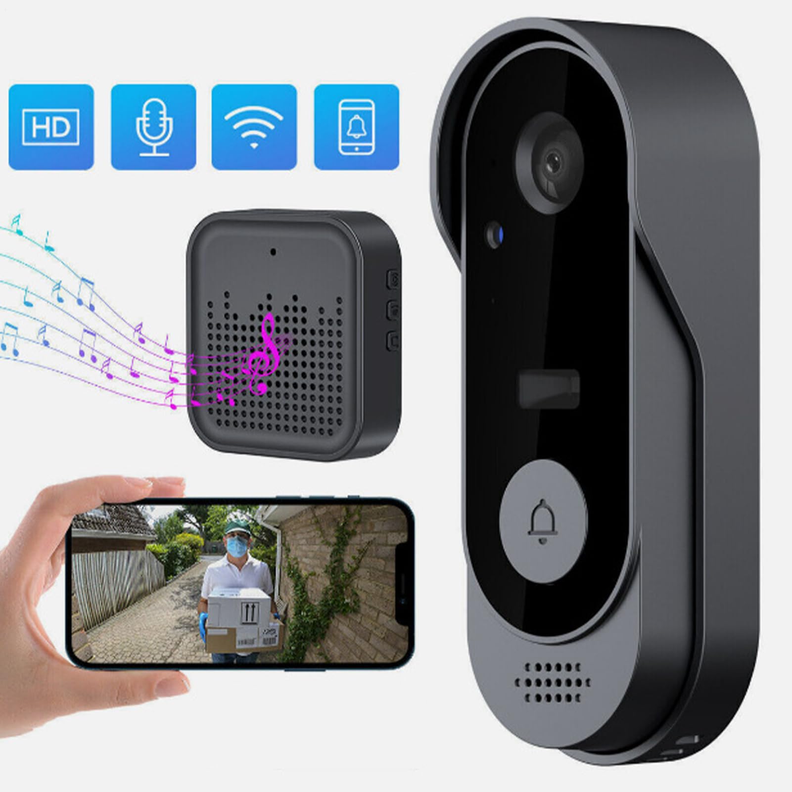 Timbre inalámbrico con cámara, cámara de video inalámbrica, detección de movimiento, monitor de seguridad para el hogar, conversación bidireccional, para interiores y exteriores, trabajo remoto tardío