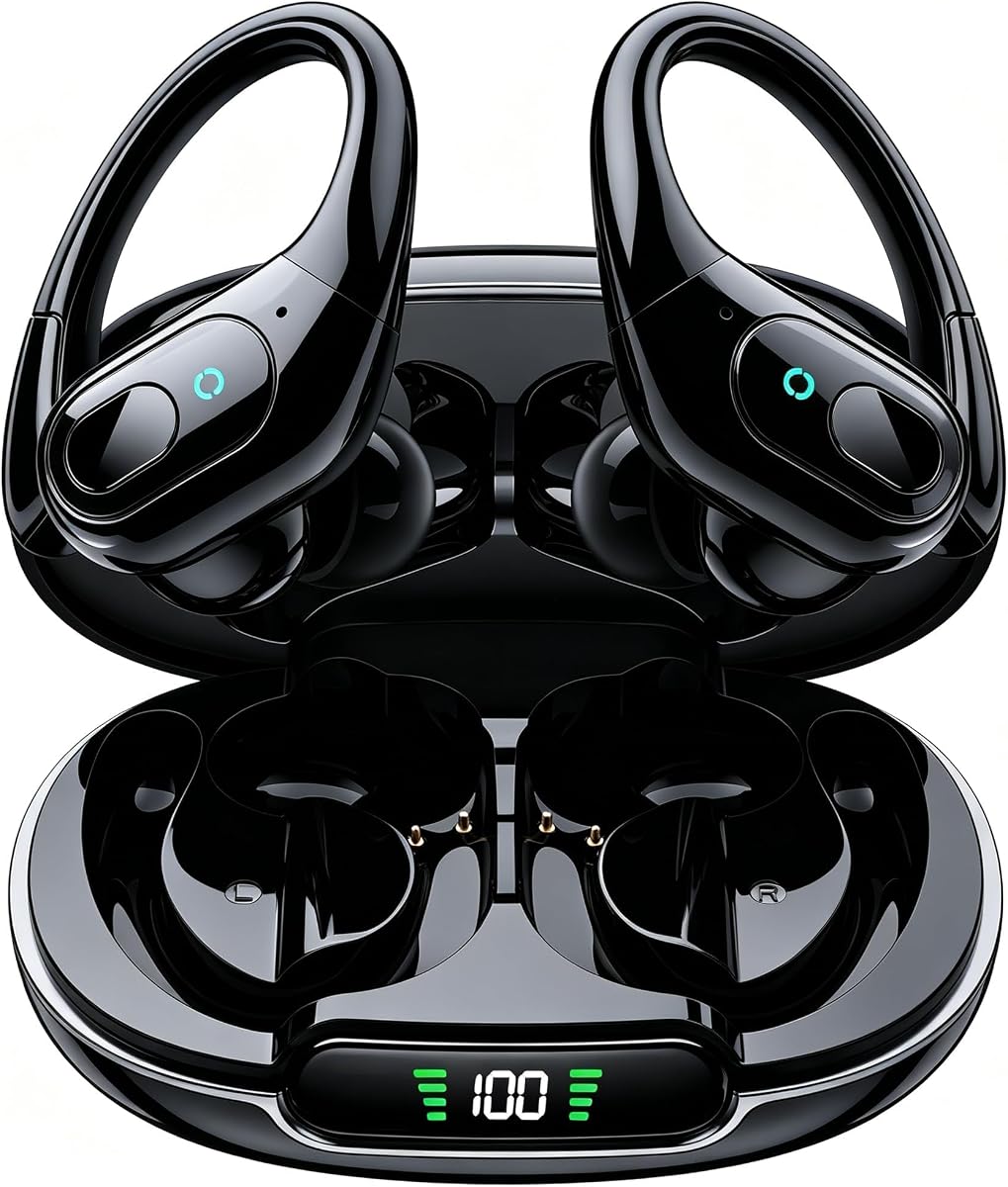 Active Noise Cancelling Earbuds Wireless Bluetooth Headphones | Ear Buds 90Hrs Playback Stereo Bass Earphones with Mic Over-Ear Hooks IPX7 Waterproof Headset for Work Sports