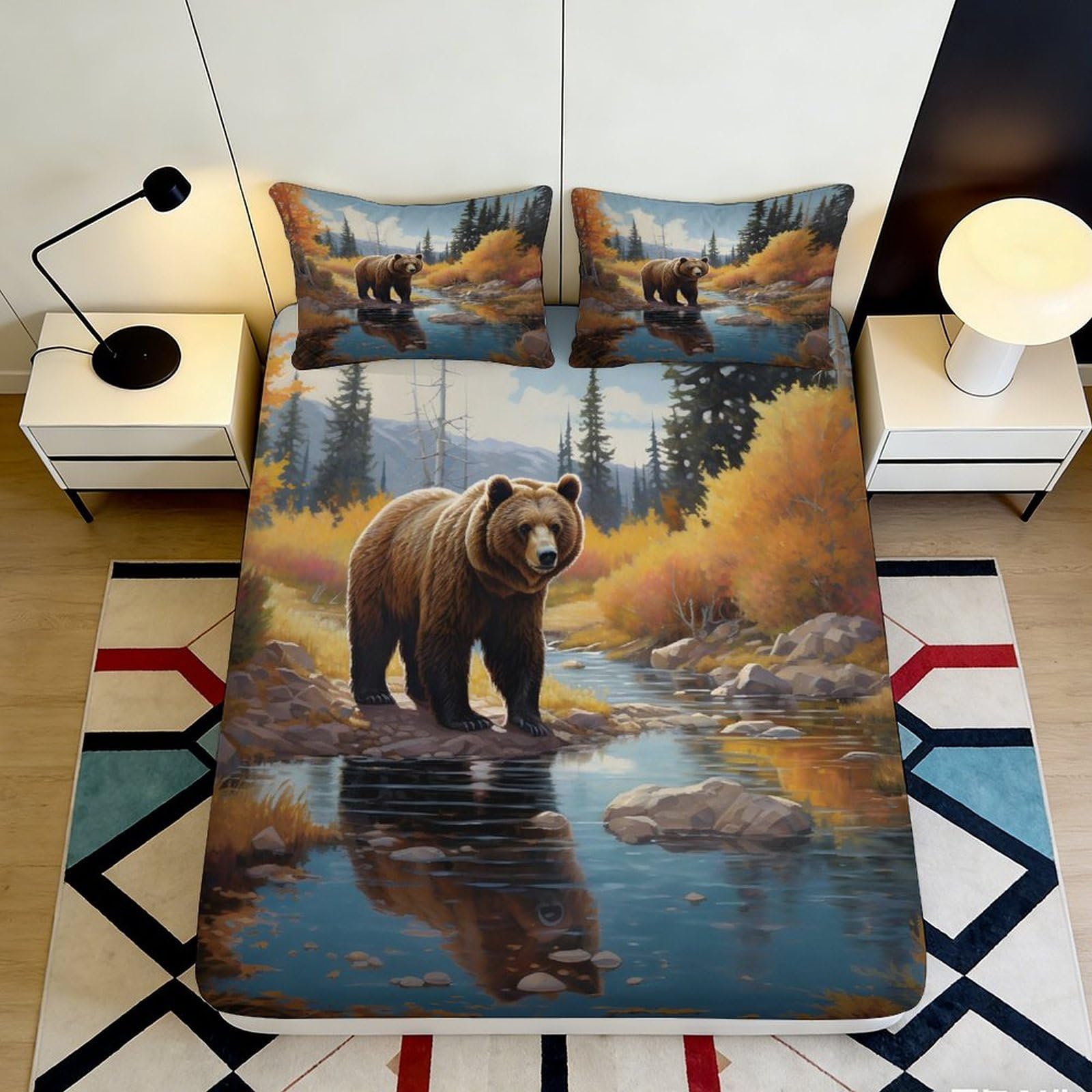 3D Printed Forest Bear Fitted Sheet Microfiber Deep Pocket Bedroom Bedding Forest Animal Mattress Fitted Cover Washable 140x200x25cm