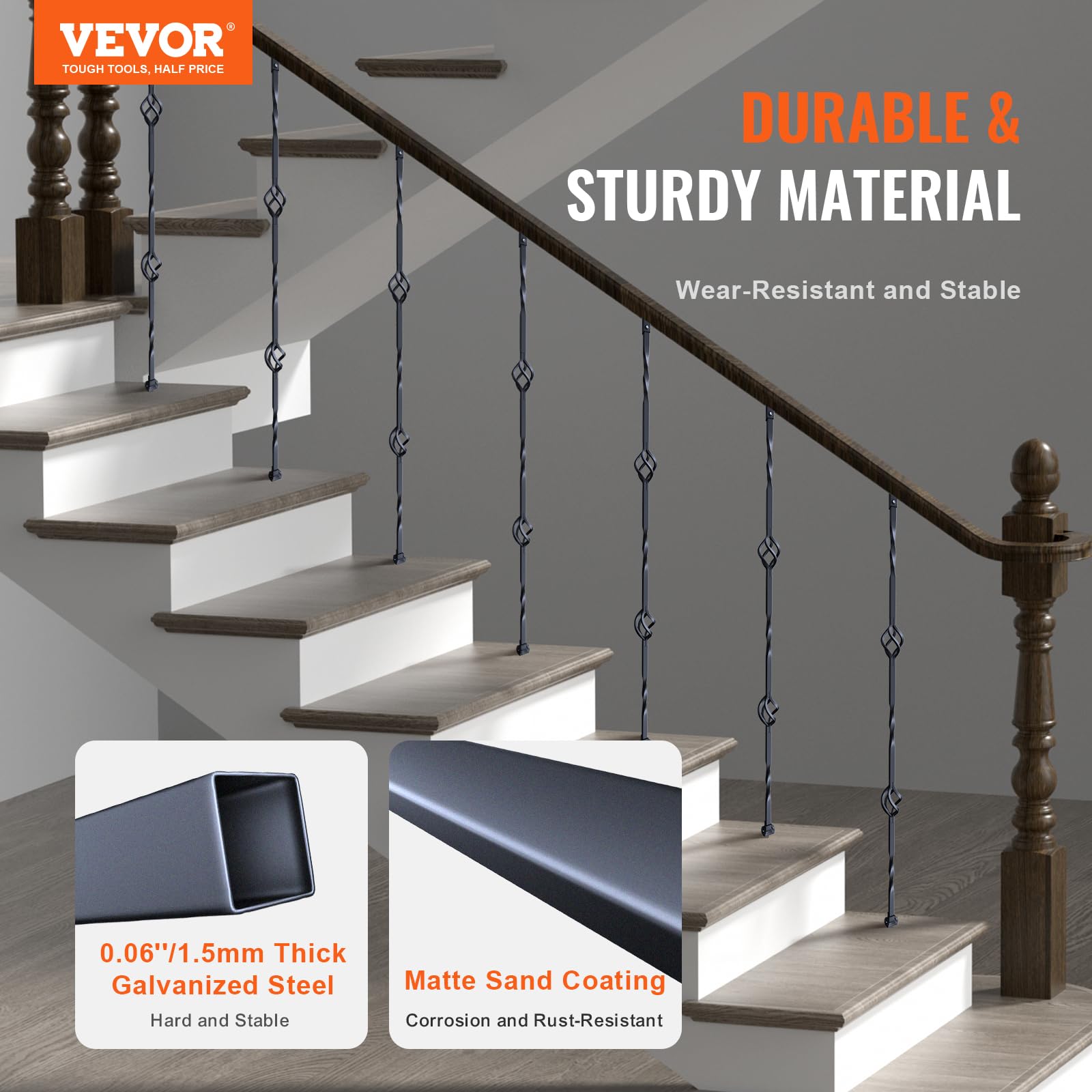VEVOR Balaustres de Metal para Escaleras Barras Decorativas de Acero Galvanizado 1122 mm 10 Balaustres de Seguridad Estilo Cesta Doble con Zapatas y Tornillos para Barandilla de Escalera en Caracol