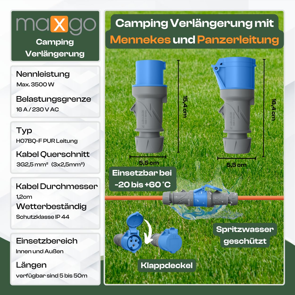 Camping Kabel 10 Meter CEE Verlängerungskabel 10m Außen H07BQ-F 3x2,5 Strom Wohnwagen Landstromanschluss Wohnmobil Caravan Orange Verlängerung Stromkabel Verlaengerungskabel Outdoor