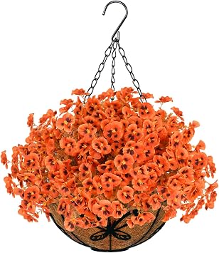 Agusbagli Artificial Hanging Fall Flowers with Baskets for Outdoors Fake Hanging Autumn Plants UV Resistant Faux Orange Flowers in Basket Decor for Porch Patio Garden Yard Window Home Fall Decor
