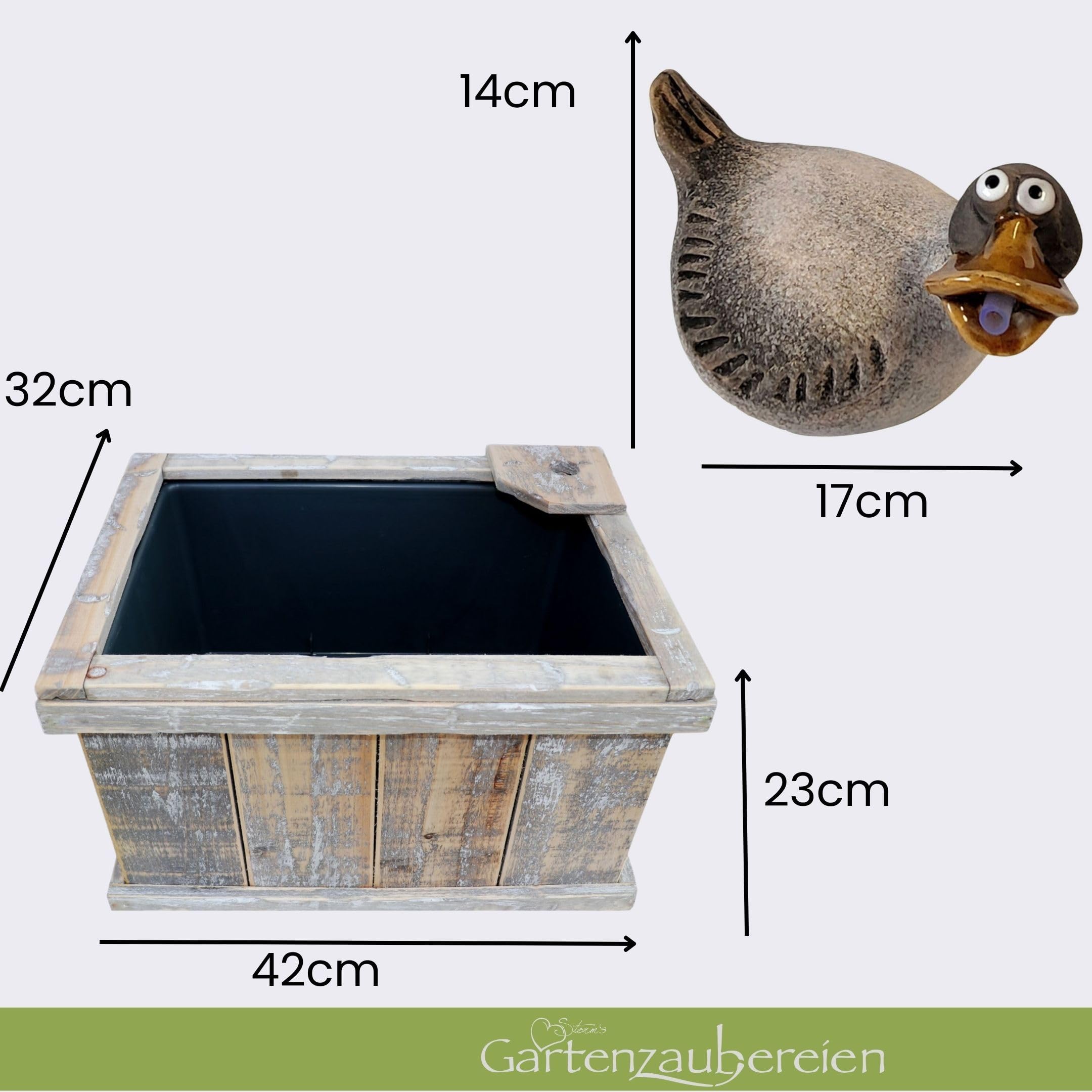 Storm's Gartenzaubereien Holzkiste mit Wasserspeier Ente, Kugeln + Solar | Kompletter Miniteich mit Pumpe