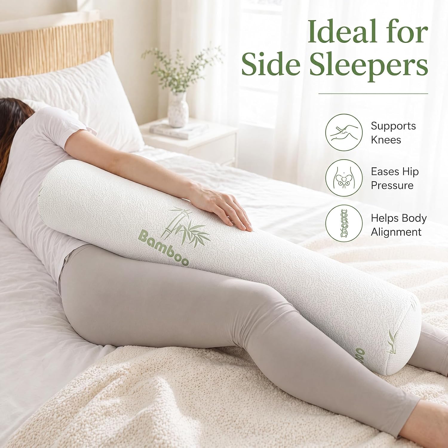Fuutreo Bamboo Cooling Body Pillow 47x7.87 in, Long Round Bolster Pillow | removable zip cover, soft hugging support, side sleeper aid, knee hip comfort, back rest, bed sofa lounging, breathable feel