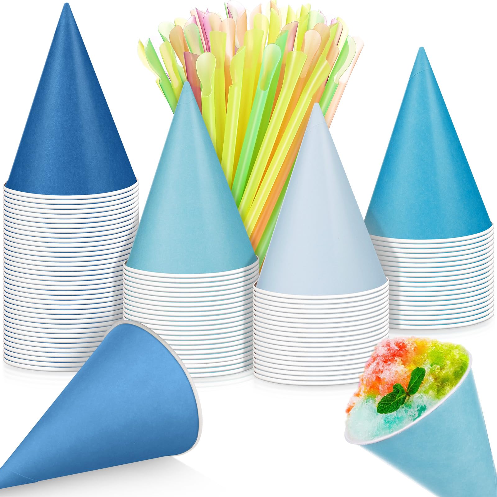 Boao 100 Pcs Snow Cone Cups Syrup Spoon Straws,Gradient Blue,4.5 Oz