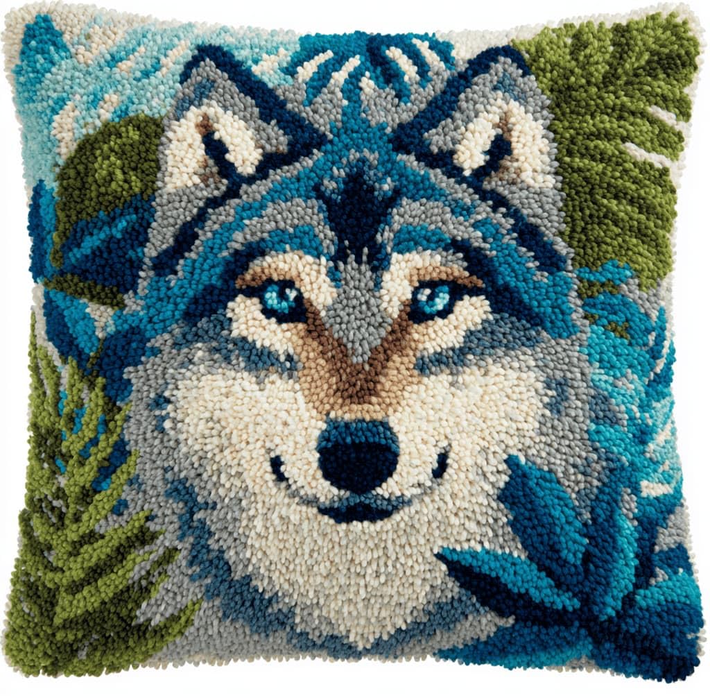 Kitquiver Latch Hook Cushion Kits Wolf 43X43Cm Latch Hook Pillow Case Kits Embroidery,DIY Needlework Pillow Cover Sofa Cushion Rug Making for Adults and Beginner,Craft Home Decor