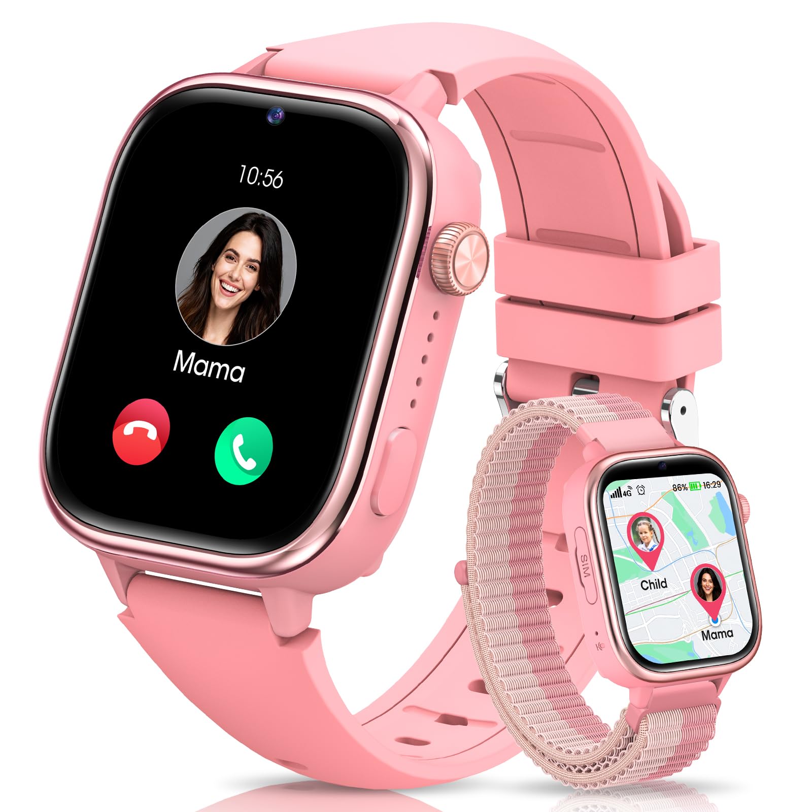 SWGOTA 4G Reloj Inteligente Niña, Smartwatch Niños con GPS y Teléfono/Videollamadas/Chat de Voz/Función SOS/Modo Escuela/IP68, Cámara Despertador Podómetro Monitor de Sueño, Regalo Niñas/Niños, Rosa