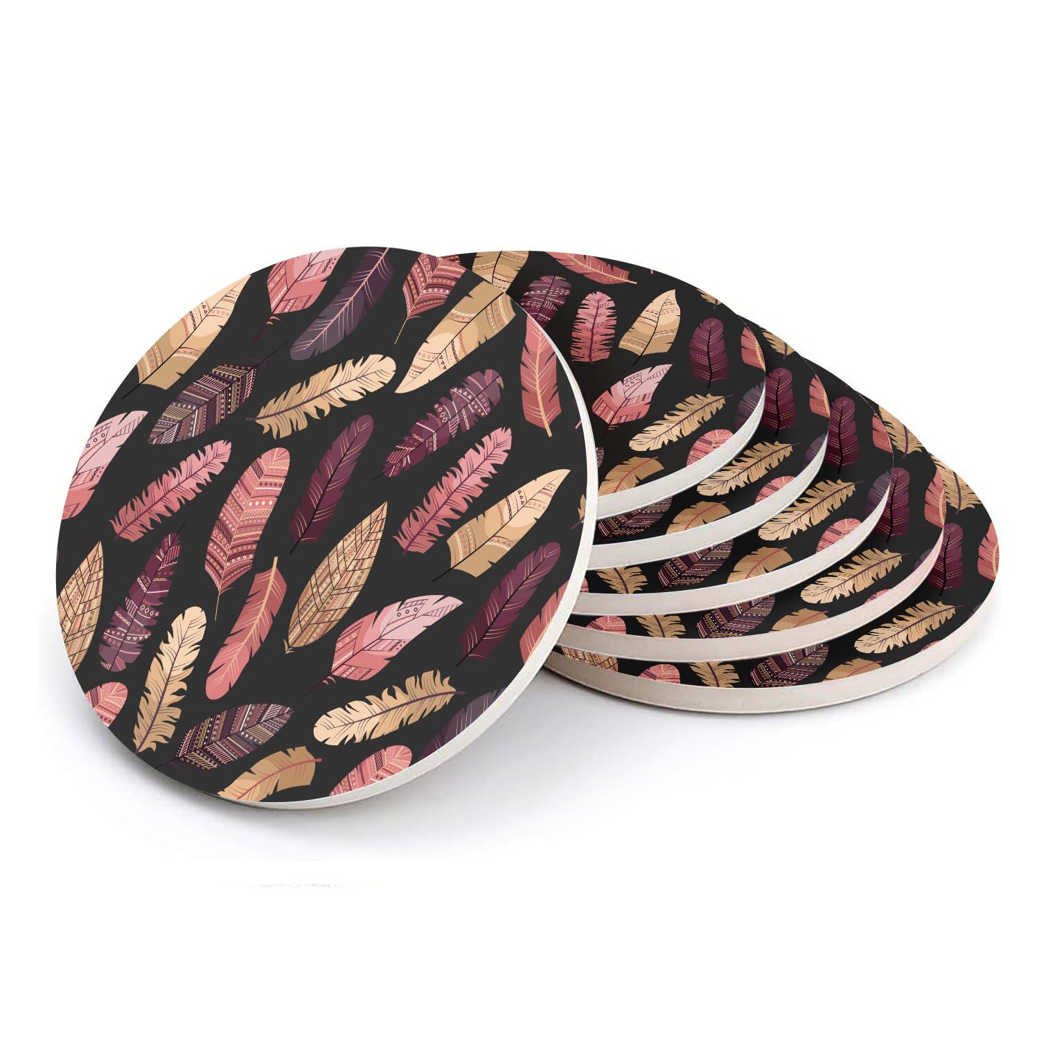 Sous-verre ronds en céramique anti-taches de table motif plumes lot de 6