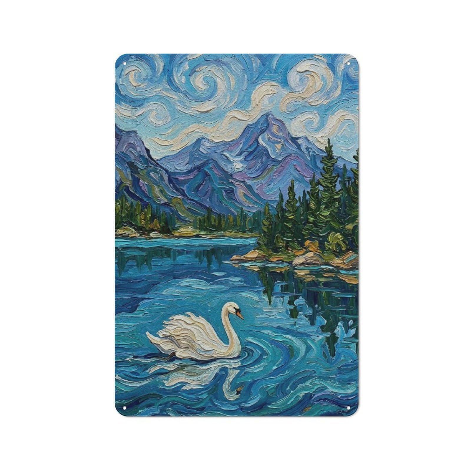 Junmoney Style-17 Classic Swan On A Lake With Mountains Metal Wall Plaque 30X20cm, Nostalgic Wall Art For Living Room, Hallway, Kitchen Or Cafe