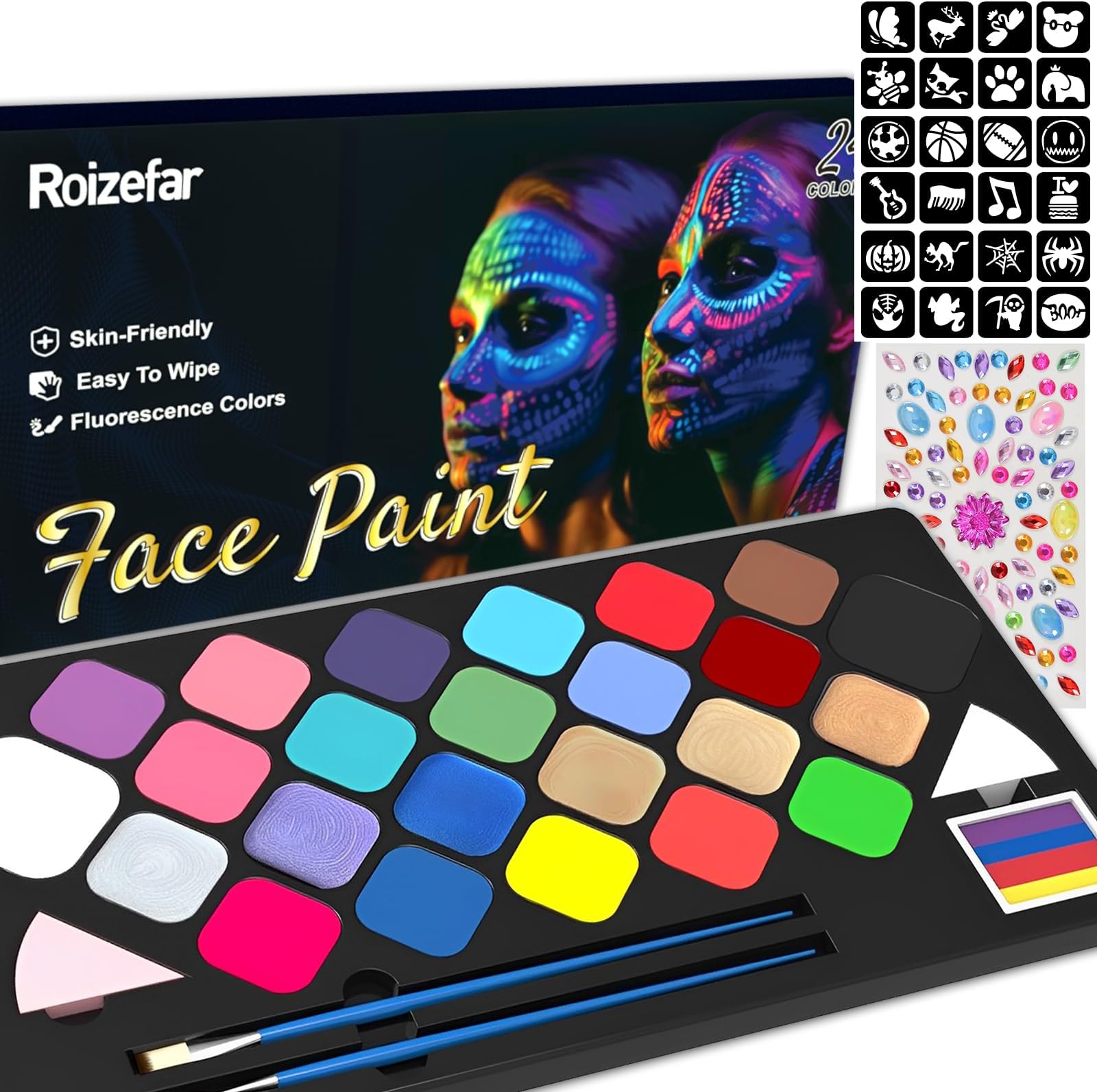 Roizefar Face Painting Kit - 24 Colours, Face Paints for Kids, Body Paint Make-Up, Children's Body Paint, Washable Painting Palette For Halloween, Festivals