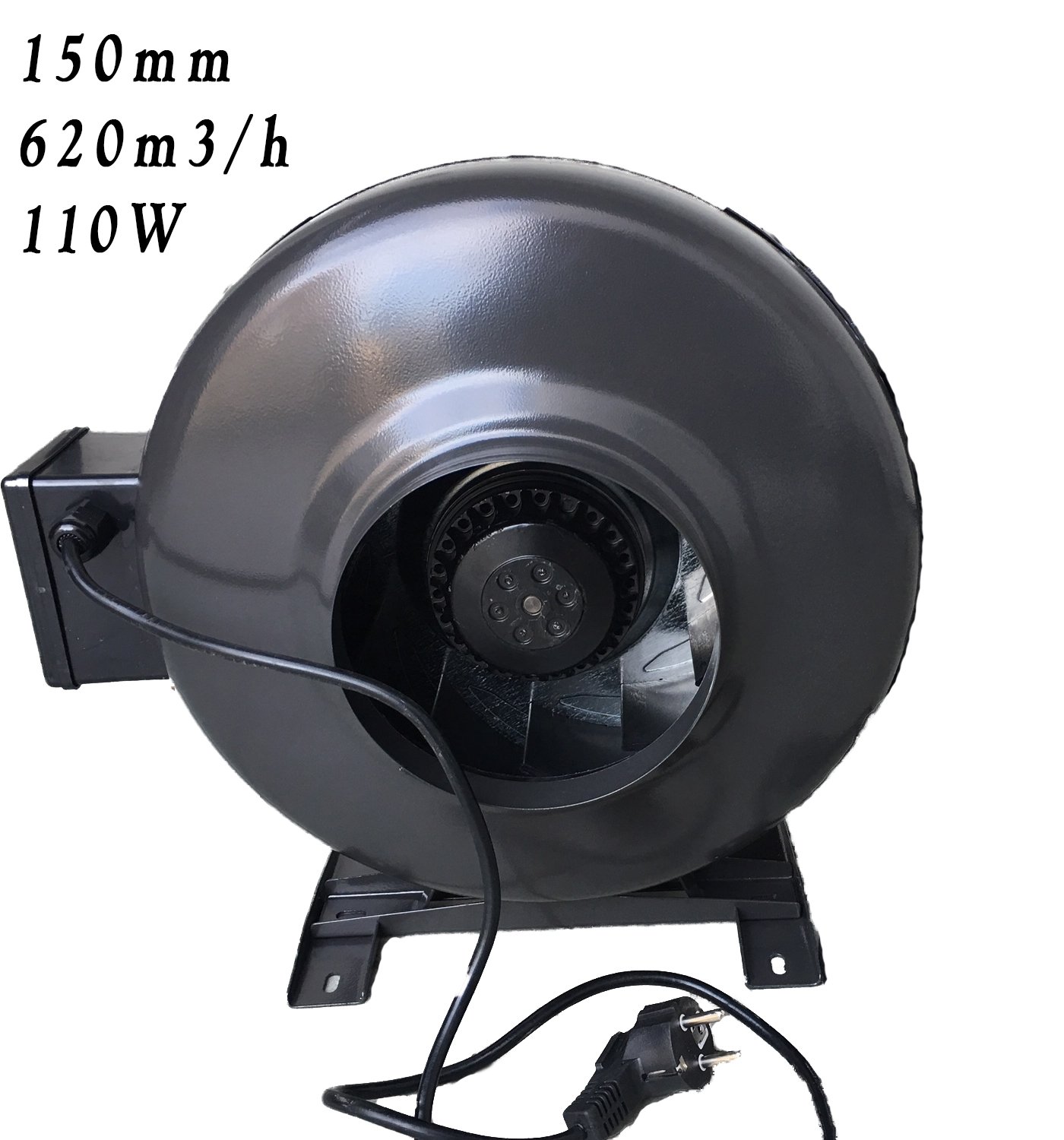 Rohrventilator 150 mm - 620 m³/h Luftstrom, 110W, 53 dB leise, Metallgehäuse, Rückwärtslaufrad, Kugellager, Industrie-Lüfter mit Basis & Kabel