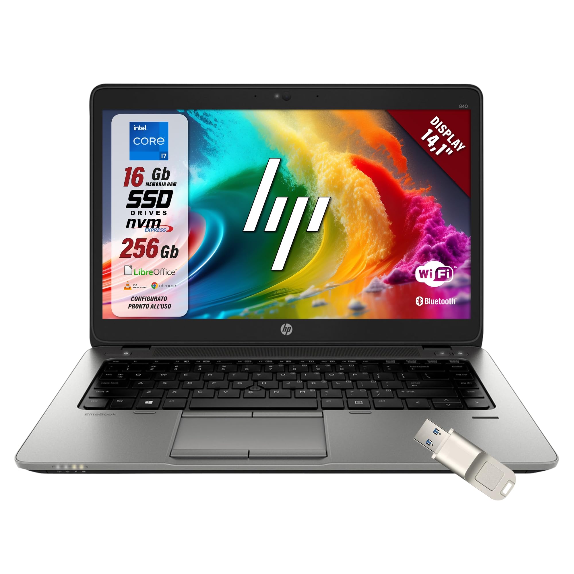 HP Elitebook, Intel Core i5-4300U 2 Core 1.9 GHz, Display 14,1", Ram 8Gb, SSD 256Gb, Pc Portatile Notebook Pronto all'uso, Pacchetto Libre (Ricondizionato)