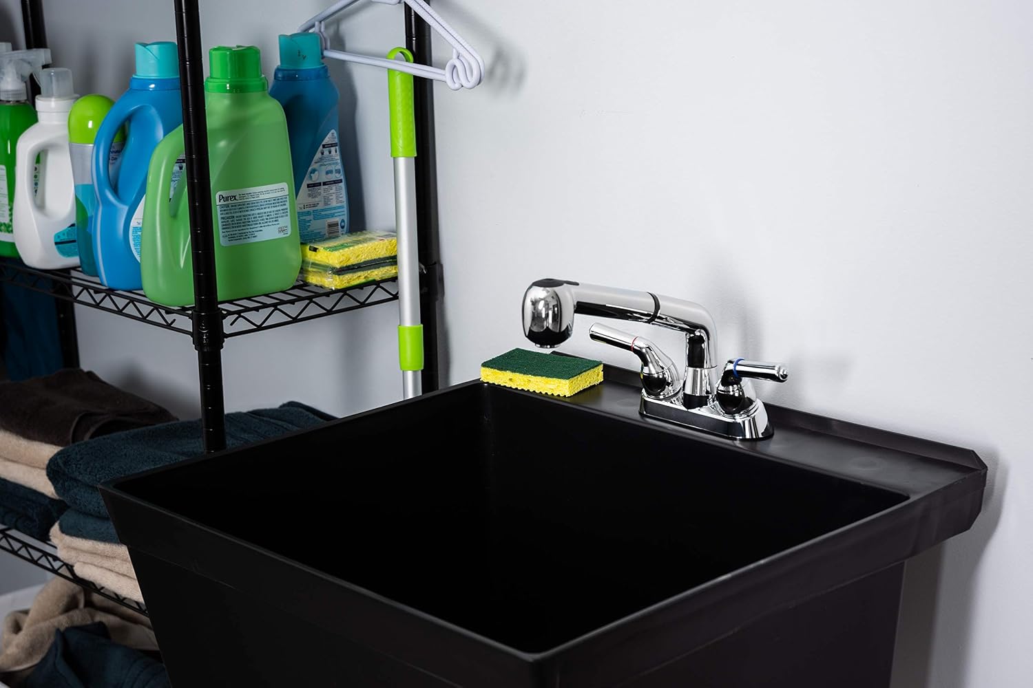 Universal Laundry Tub Faucet with Pull Out Sprayer Spout, Utility Sink Faucets Replacement, Double Handle, Non-Metallic ABS Plastic, Chrome Finish