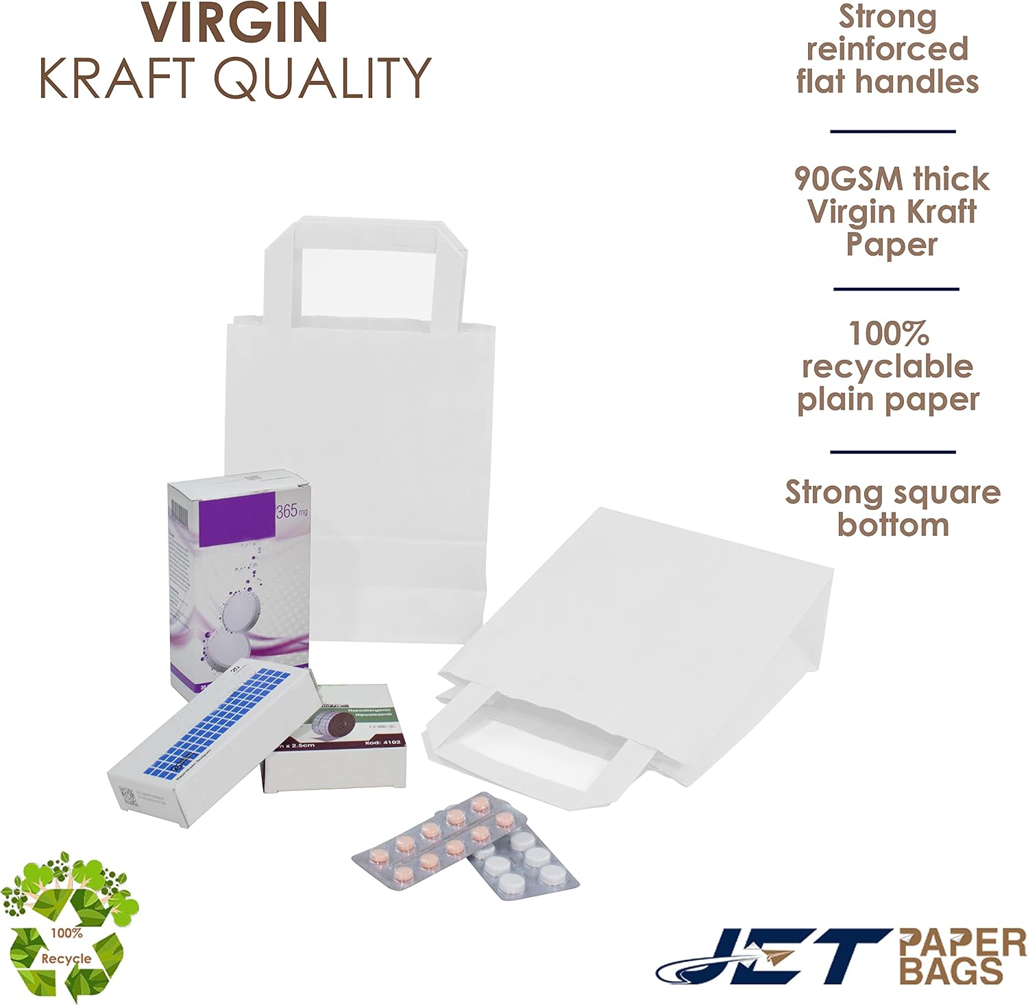 JET PAPER BAGS - 7”x4”x9” [25 Pcs] Small White Paper Bags with Handles Prime for Takeout, Grocery, Goody, Retail, Party, Gifts, Weddings - Recyclable Kraft Paper Gift Bags with Handles