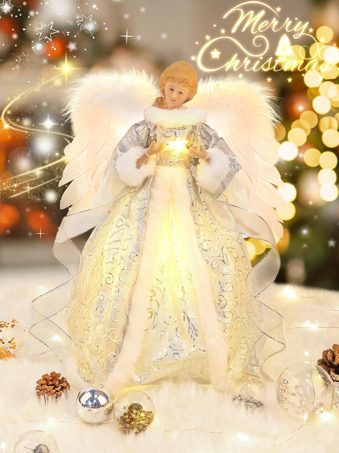 HOHOTIME 14'' Angel Tree Topper with White Feather Wings and Silver Skirt, Christmas Tree Topper with LED Light for Xmas Tree Top Decor Holiday New Year Home Ornament Decorations