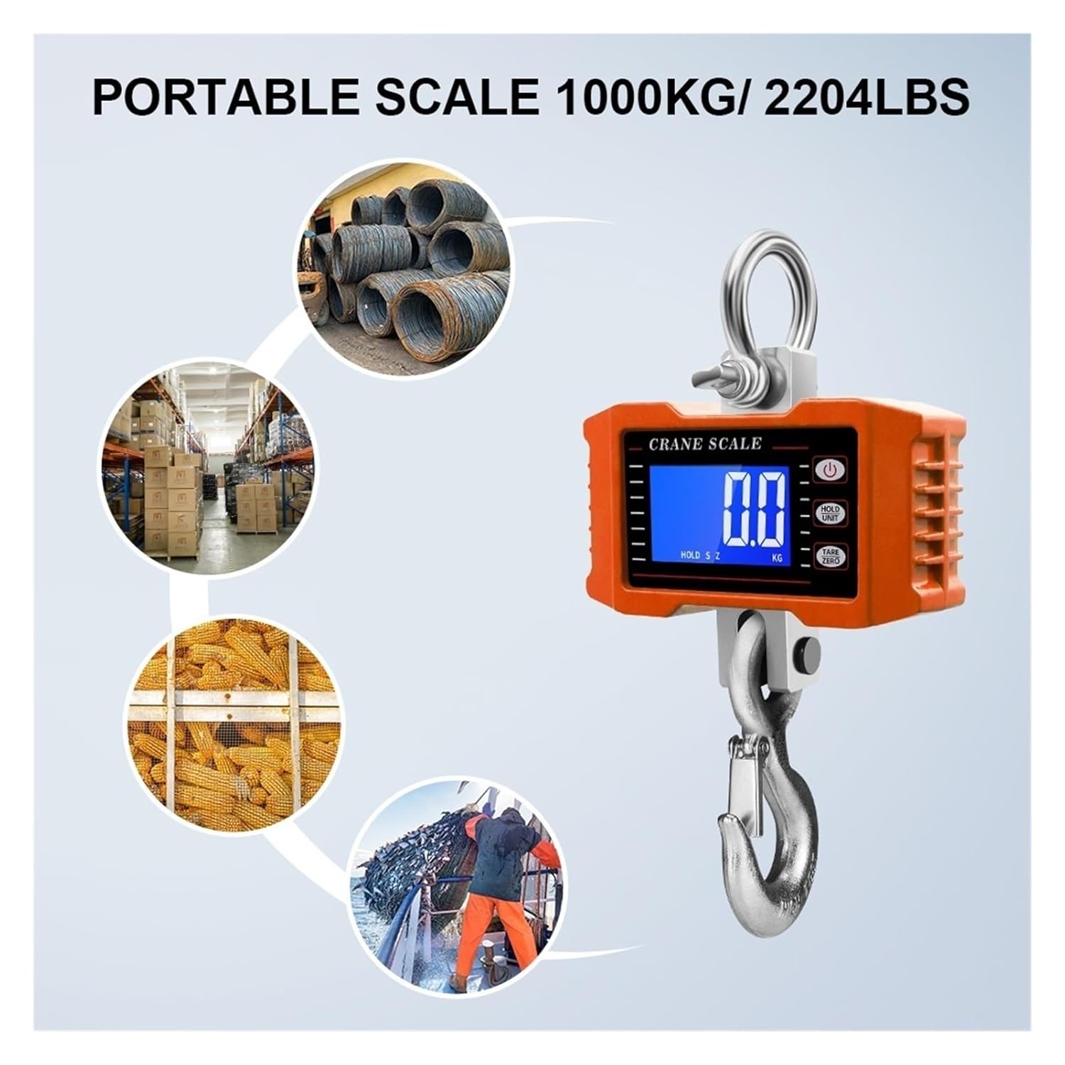 Crane Scale, 500Kg/1000Kg Digital Crane Scale Hanging Portable Heavy Duty LCD Backlight Industrial Hook Scales Unit Change,Convenient Operation(LCD 500KG Blue)