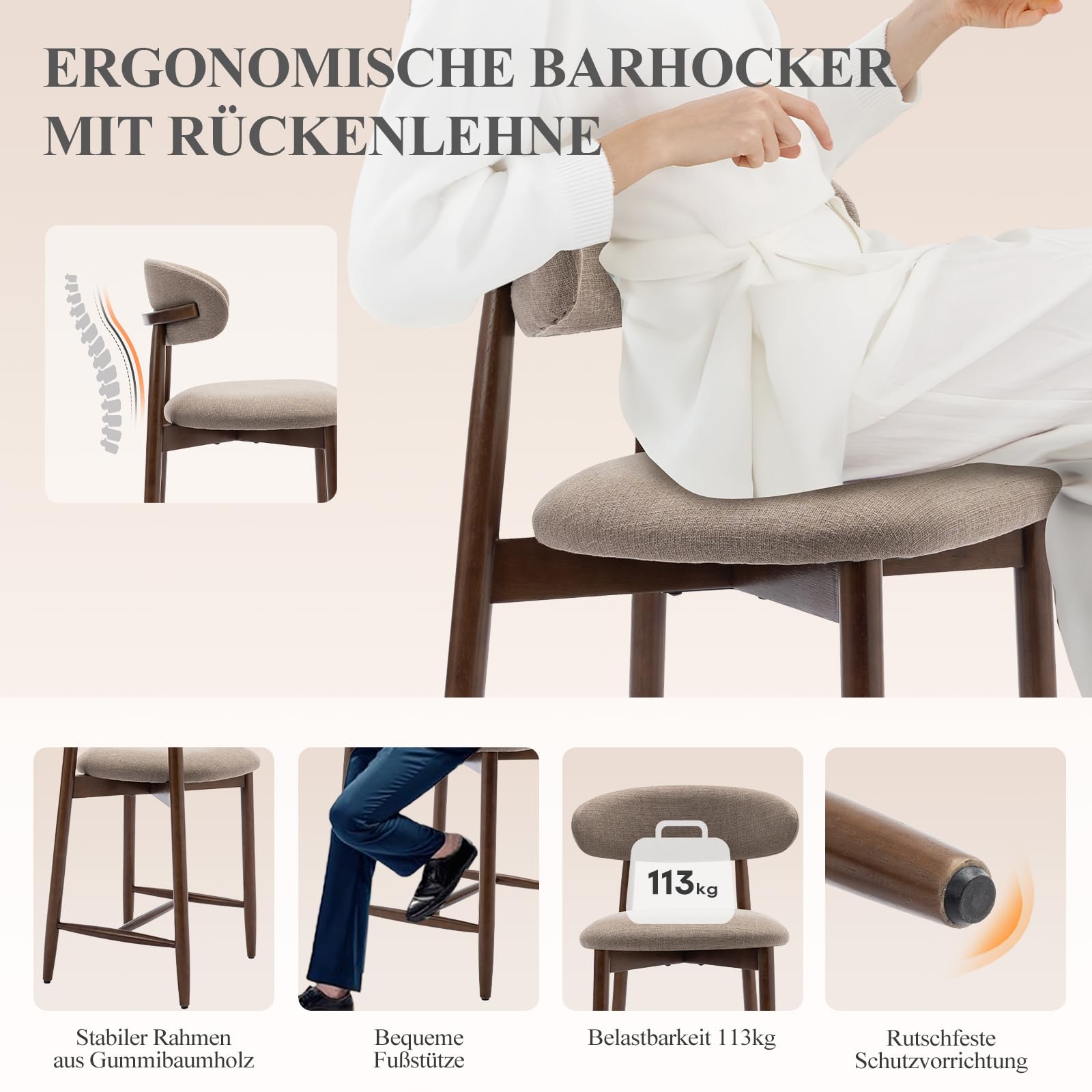 COLAMY Barhocker 2er Set, Bar Hocker mit Lehne, Küchenstühle mit Rückenlehne, Barstuhle mit Holzbeinen für Küche, Bar, Esszimmer, Büro, Kamel