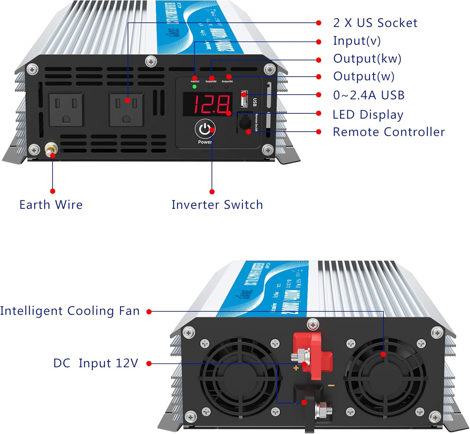 GIANDEL 2000W Power Inverter Modified Wave 12 Volt DC to 110V 120V AC with Remote Control and LED Display Dual AC Outlets & USB Port for RV Truck Boat : Automotive