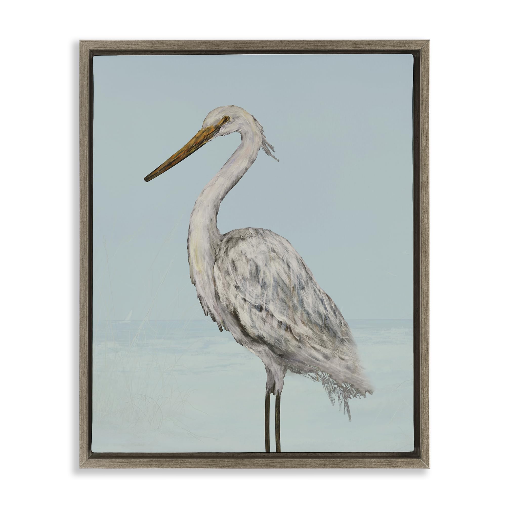 Stupell Industries 'Coastal Heron Muted Blue', Floating Frame Canvas Art, Brown, 17 x 21 Inches, Easy to Hang and Sturdy, Made in USA, by Julie DeRice