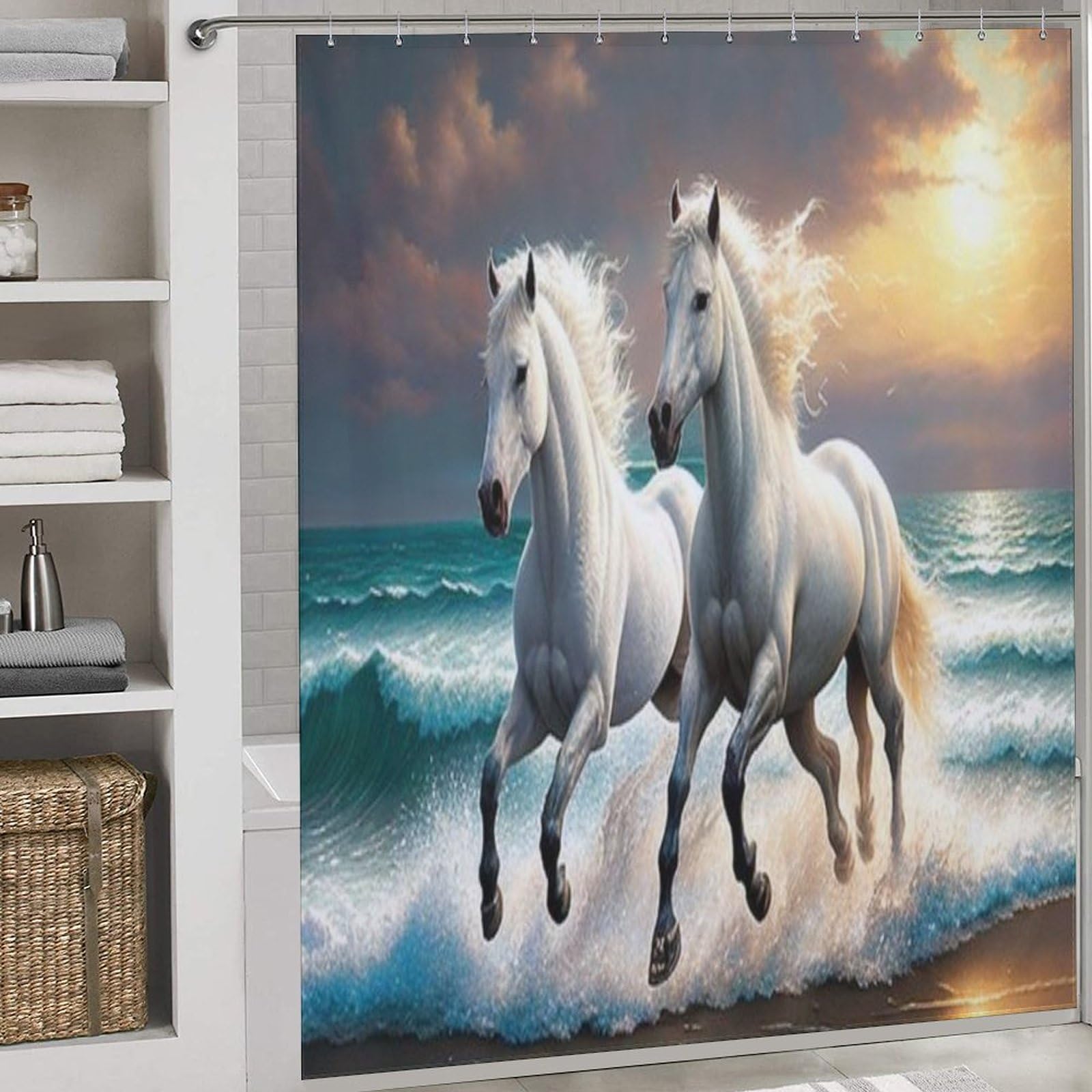 Rideau de douche cheval anti-éclaboussures en polyester lavable avec 12 anneaux