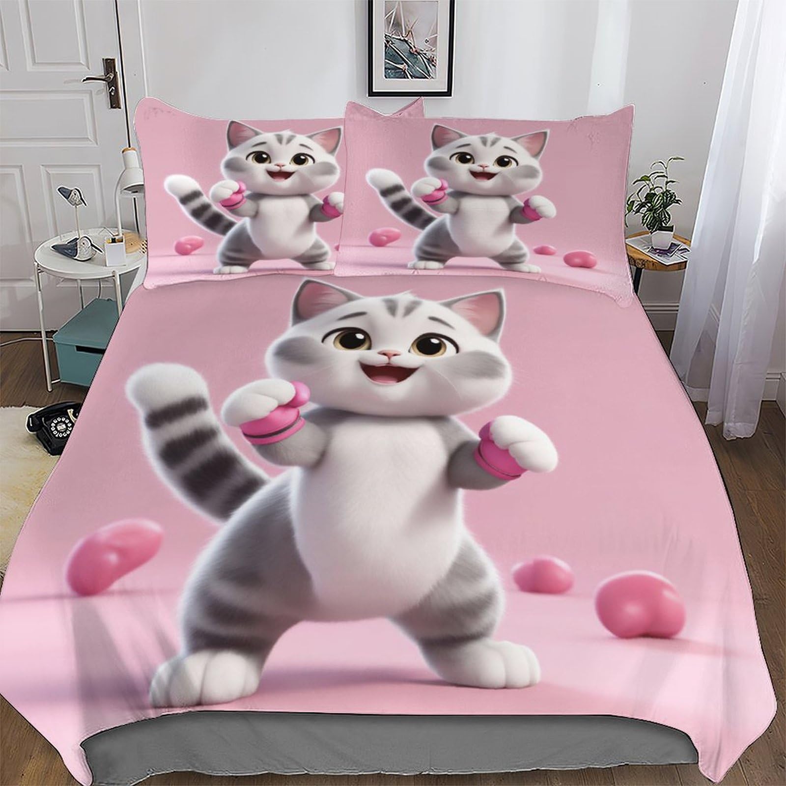 Housse de couette chat 220x240 cm avec 2 taies d'oreiller en microfibre pour lit king size
