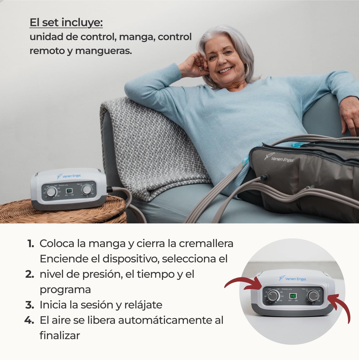 Venen Engel 4 equipo de masajes por presoterapia para casa con botas para las piernas y faja abdominal, 4 cámaras de aire, presión y tiempo fácilmente configurables