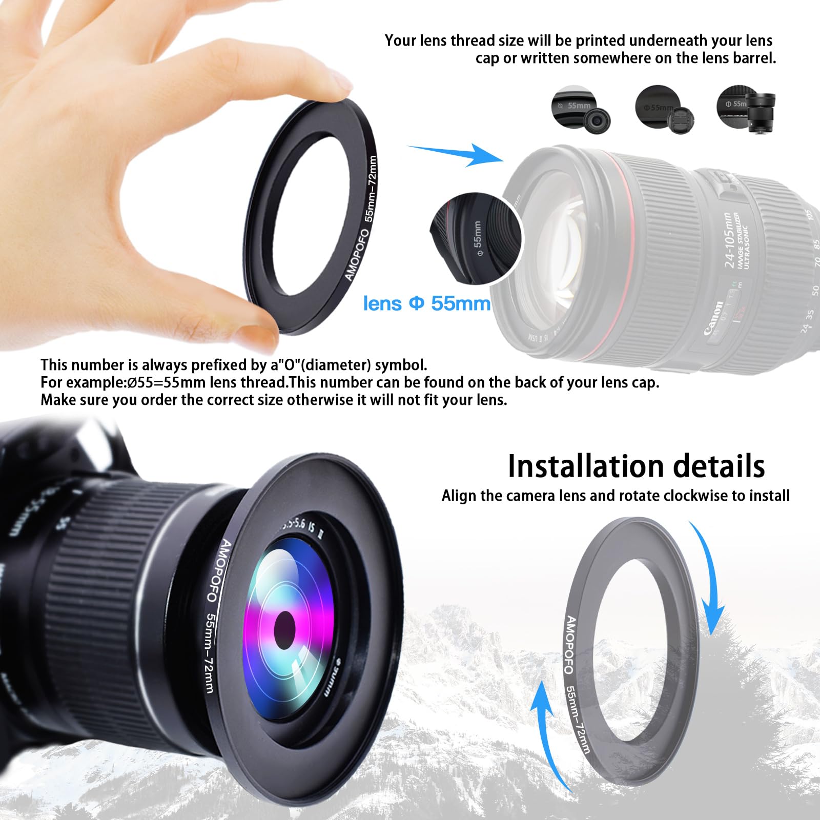 55mm Lens to 72mm Camera Filter Ring,55mm-72mm Step Up Ring For Filters,Made Of CNC Machined aluminum.for 72mm UV,ND,CPL Camera Filter accessories — view 4