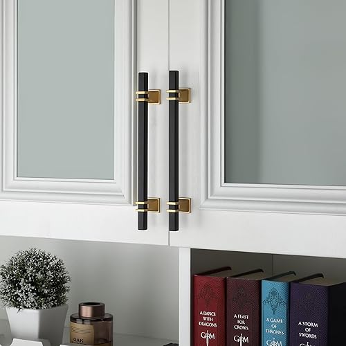 Miniatura 6 de Haliwu Paquete de 10 tiradores de gabinete negros, manijas de gabinete negras y doradas, tiradores cuadrados para cajones, manijas de armario de