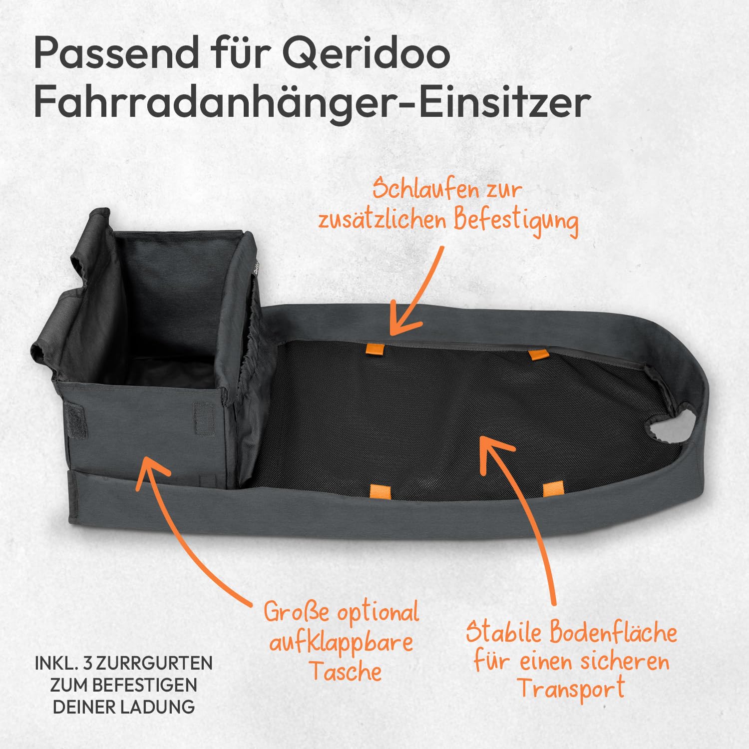 Qeridoo Cargo Einlegeplatte Einsitzer | Zubehör für Fahrradanhänger | Verwandelt Kinderfahrradanhänger in Lastenanhänger | Inklusive Zurrgurte & Klemmstange | Einfache Montage & sichere Fixierung