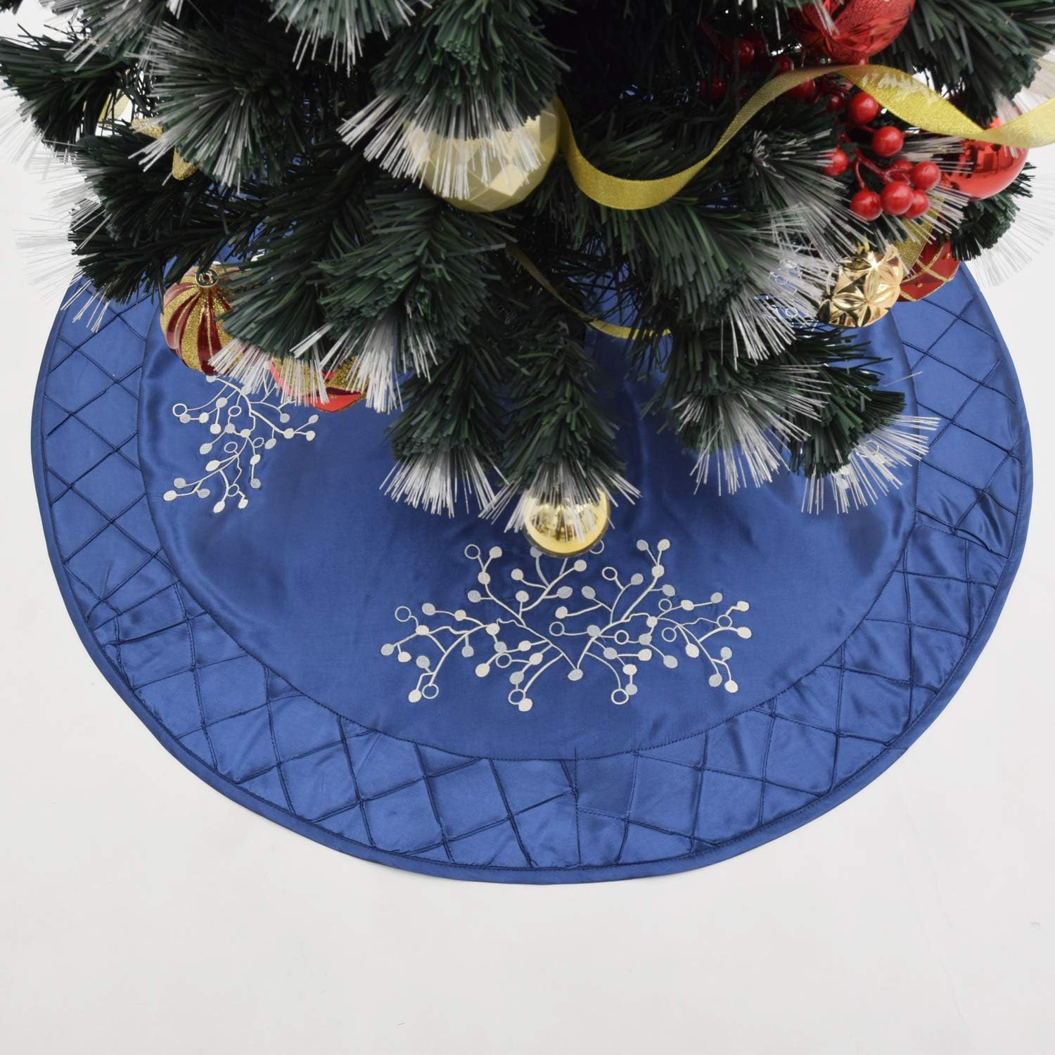 Blue Faux Silk Deluxe Berry Embroidered Center, Handcraft Pintuck Border, Christmas Tree Skirt,Xmas Christmas Holiday Party Decorations-36inch
