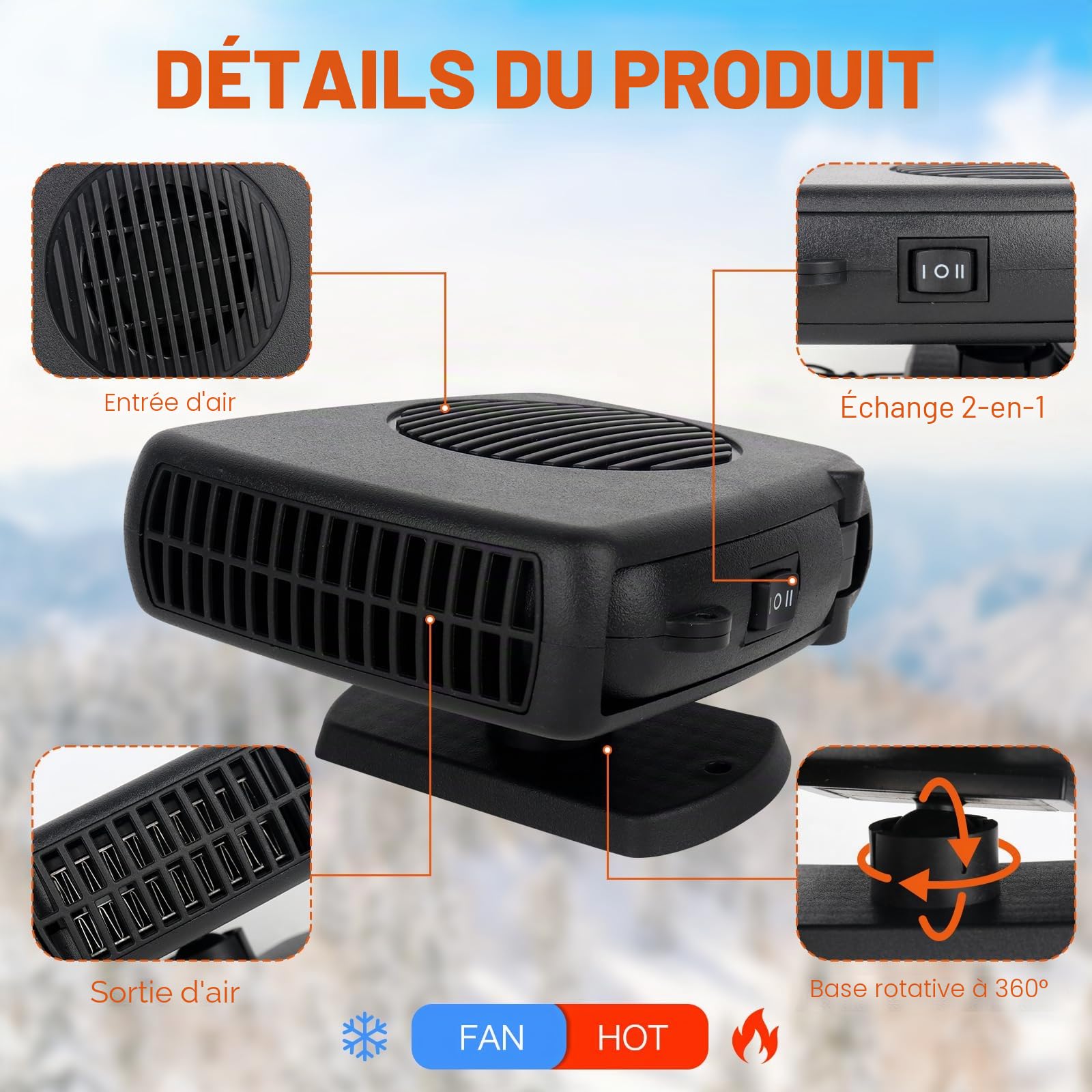 Mineup Chauffage De Voiture 12 V, DéGivreur De Voiture, 2 en 1 Chauffage Automobile Portable, Chauffage Soufflant De Voiture, Radiateur Soufflant Voiture Portable pour Camping RV Voiture