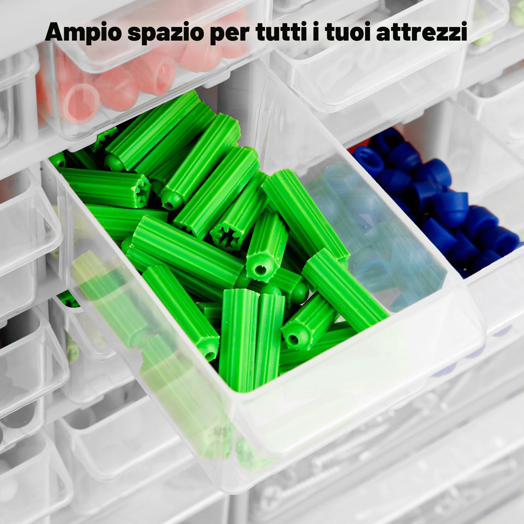 CraftGenes Organizzatore di stoccaggio per viti – Scatola di archiviazione per garage e officina con 44 cassetti e divisori regolabili, organizer murale per utensili (grigio)