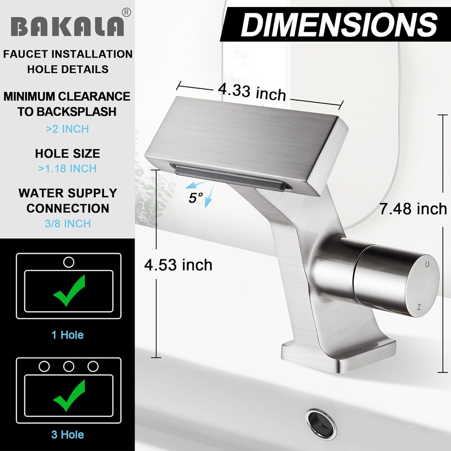 BAKALA Bathroom Sink Faucets Brushed Nickel, Waterfall Bathroom Faucet 1 Hole, Single Handle Brass Bathroom Faucet Deck Mount with 2 Supply Hoses for Basin Lavatory Vanity - Image 2