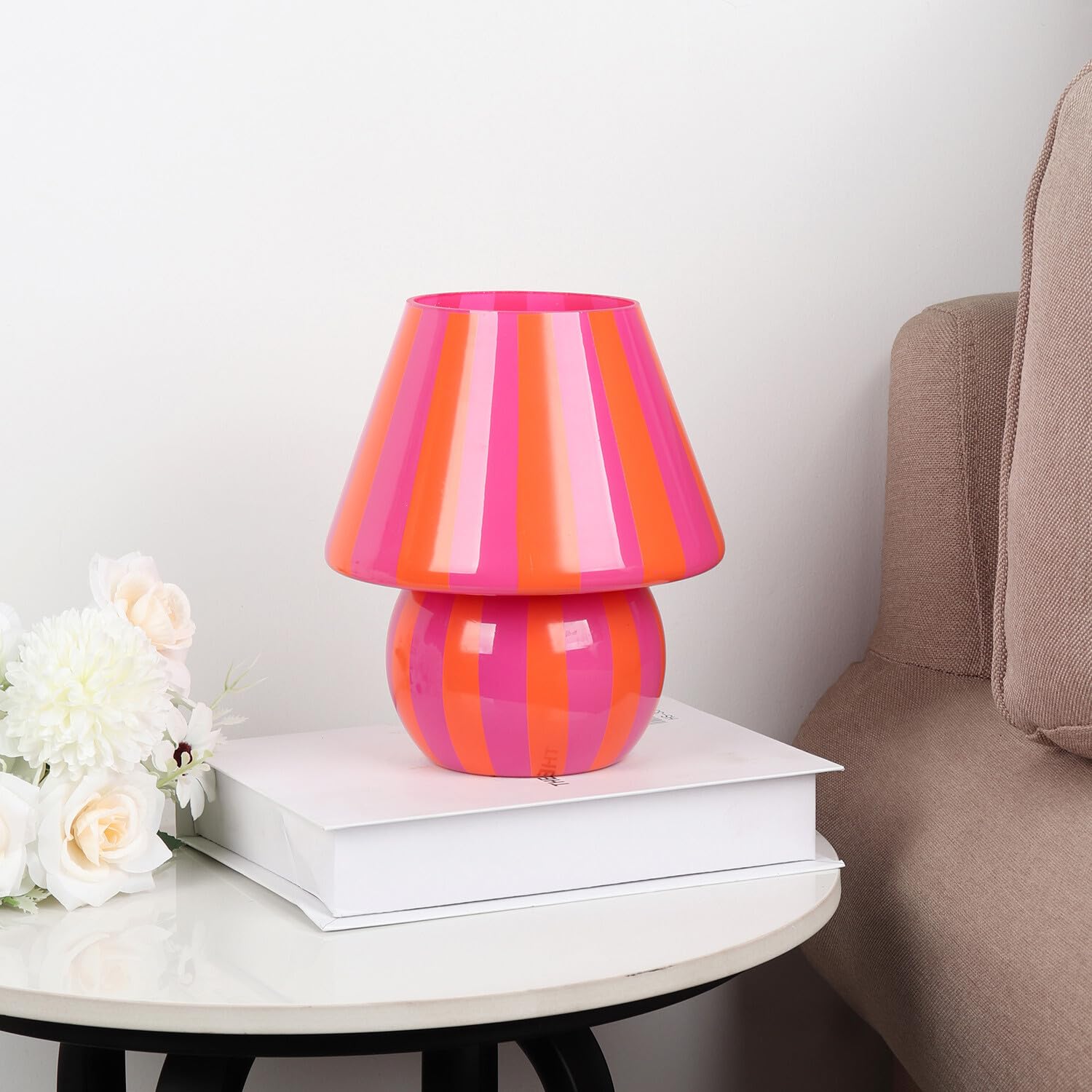 Bloomingtons Direct Raia Bedside Table Lamp with Pink & Orange Stripe Drum Lampshade, Mini Bright Glass LED Lamp for Bedroom & Living Room, Battery Operated Nightlight Lamp