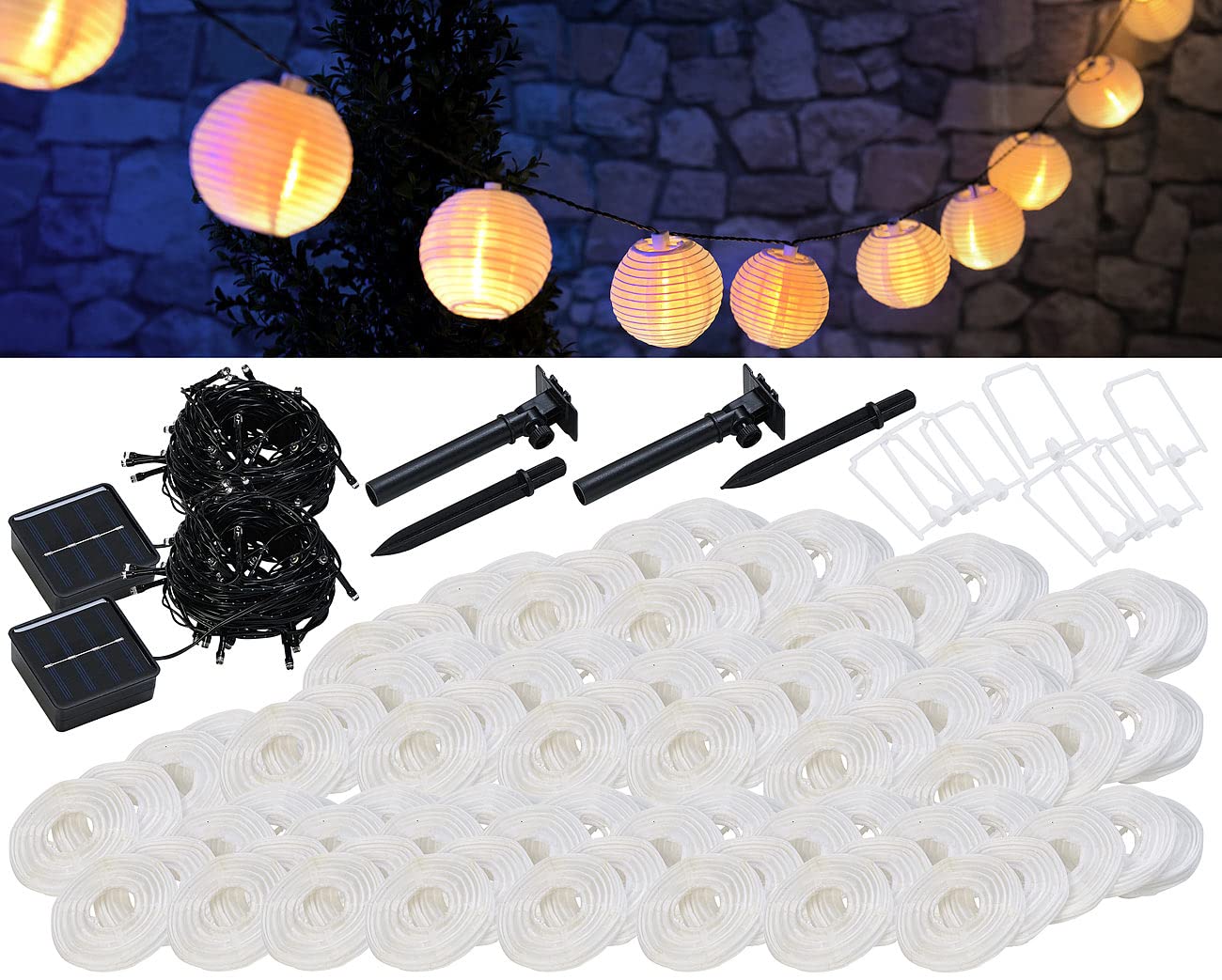 Lunartec Mini Solar Lichterkette: 2er-Set Solar-LED-Lichterketten, warmweiß, je 50 weiße Lampions, IP44 (Lichterkette außen Lampion, Balkon, Ball)
