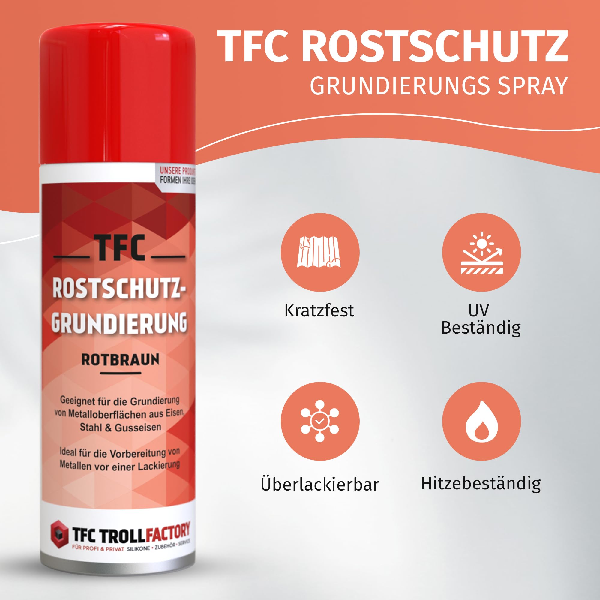TFC spray antykorozyjny, bardzo skuteczny, szybkoschnący spray antykorozyjny, odporny na zarysowania, możliwość ponownego lakierowania, odporny na rdzę w kolorze czerwono-brązowym, do użytku wewnątrz
