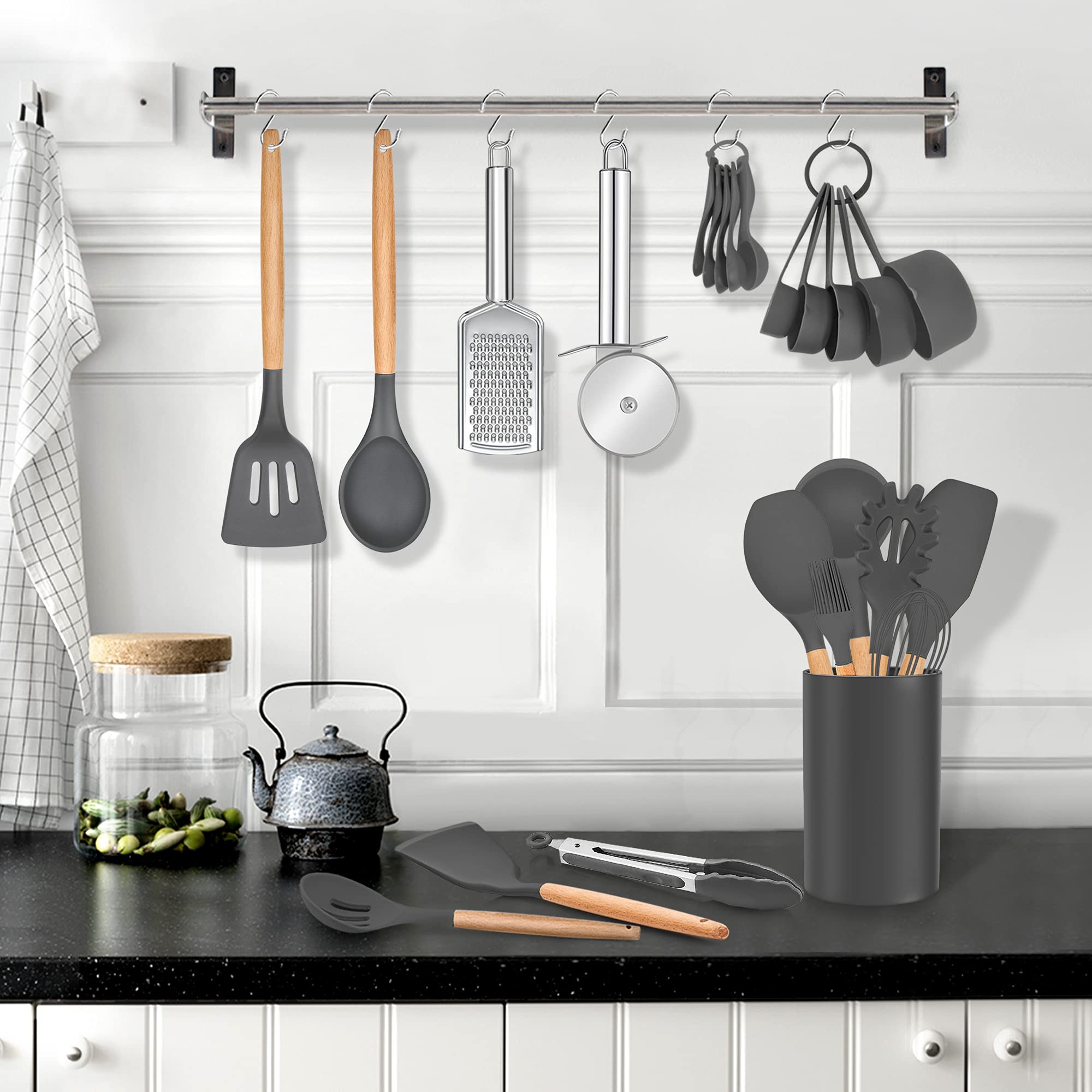 LIANYU 30-teiliges Silikon-Kochutensilien-Set mit Organizer, Silikon-Küchenutensilien-Set mit Holzgriff, Küchenutensilien, Kochgeschirr, Werkzeuge, Küchen-Kochwerkzeug, hohe Temperatur, Grau