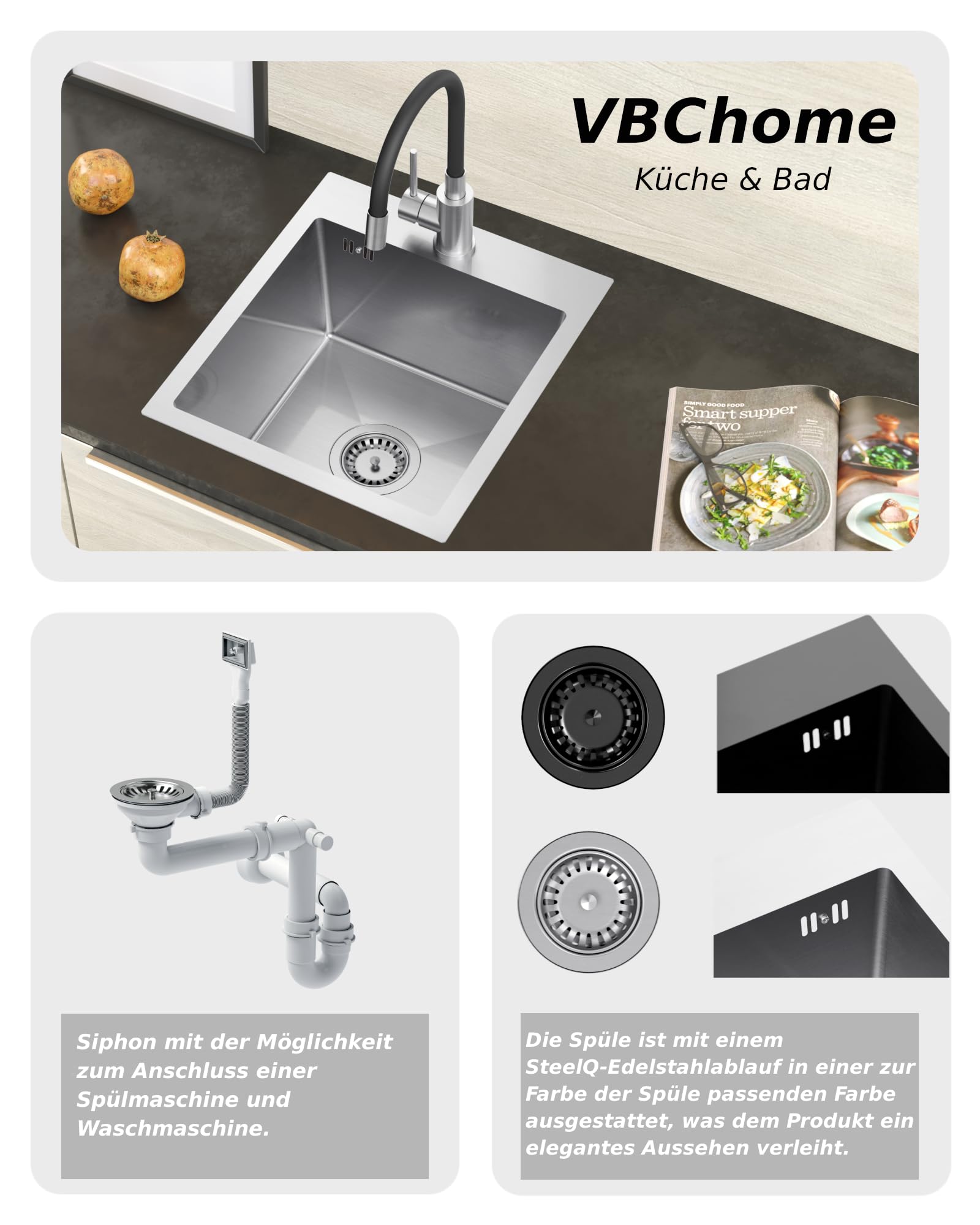 VBChome Edelstahlspüle mit Armatur 50 x 45 cm Gebürsteter Edelstahl Einbauspüle mit Hahnloch Edelstahl Küchenspüle Groß Becken Ablaufgarnitur Siphon Edelstahlspüle Armatur mit Flexiblem Auslauf
