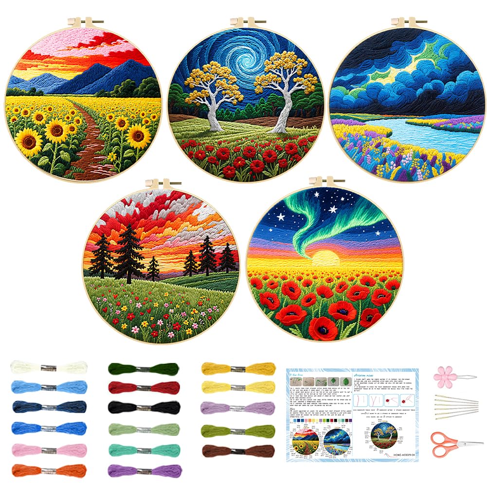 ACRNIGHEET 5 Pack Embroidery Kit for Beginners Adults, Stamped Cross Stitch Kits, Hand Embroidery Starter Kit Including 5 Stamped Embroidery Cloth, Colorful Threads, Hoop, Instruction, Gift Idea