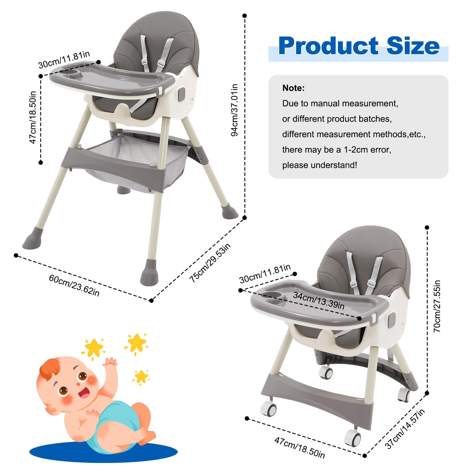 Chaise Haute Convertible 5 en 1 pour Bébés et Jeunes Enfants : Siège Réglable en Hauteur,Dossier,Repose-pieds,Coussin Amovible en PU et Double Tablette