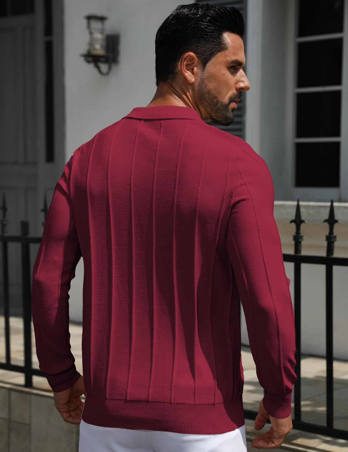 MioRoim Men's Knit Polo Shirts Casual Long Sleeve Polo Sweater Cable Ribbed Knitted Sweaters Vintage Golf Pullover Shirt - Image 3