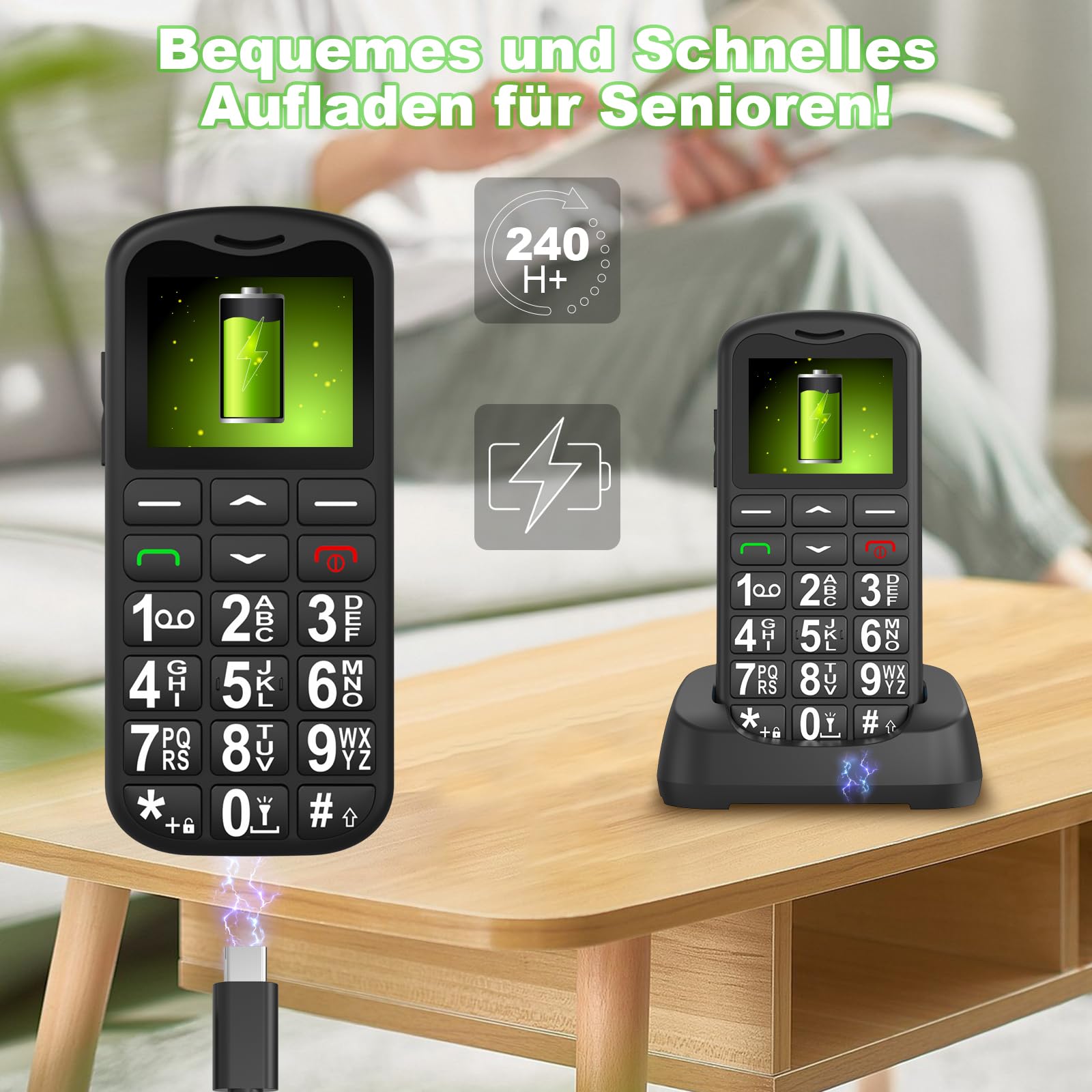 4G Seniorenhandy mit Großen Tasten | Mobiltelefon Ohne Vertrag mit Nano-SIM-Schlitz | 1.7 Zoll LCD | SOS-Funktion | Kurzwahl | Tastenhandy mit Taschenlampe | Ladestation | Schwarz