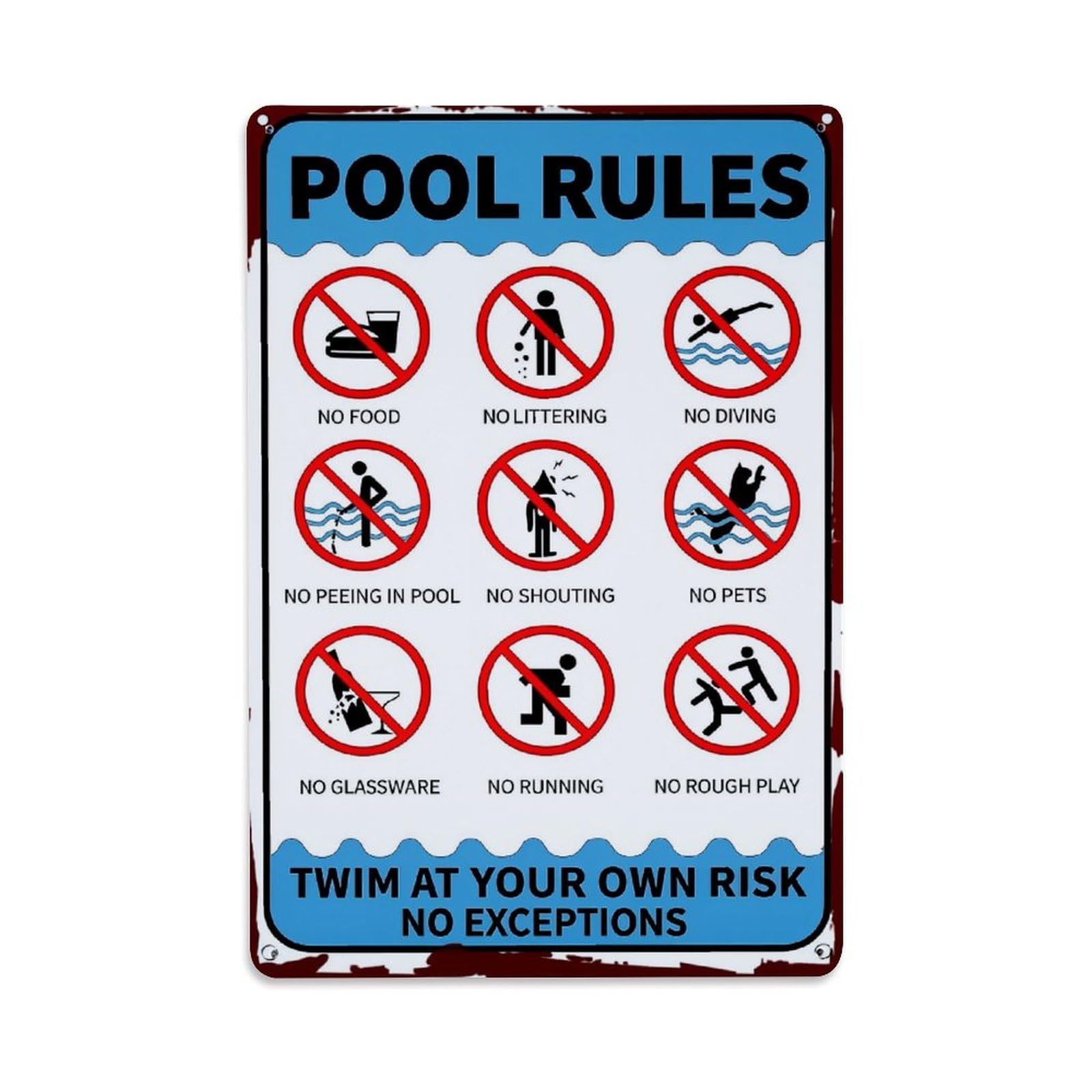 Pool Rules Sign With Icons Vintage Tin Sign Retro Metal Wall Decor Metal Poster, Home Bar Garage Farmhouse Cafe Wall Art Decoration 8x12Inches