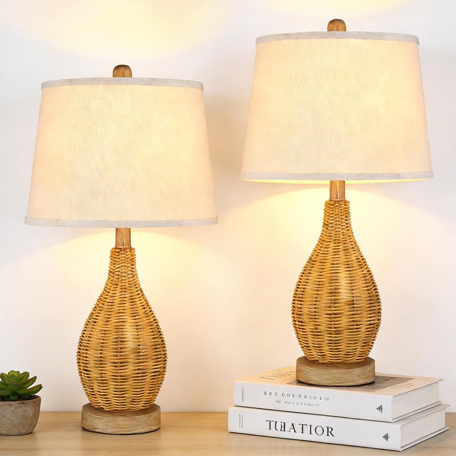 Hamilyeah 23" Farmhouse Table Lamps Set of 2 with Rotary Switch for Bedroom and Living Room, Boho Bedside Lamps with Fabric Shade for Large Spaces,Natural Woven Rattan Nightstand Table Lamps