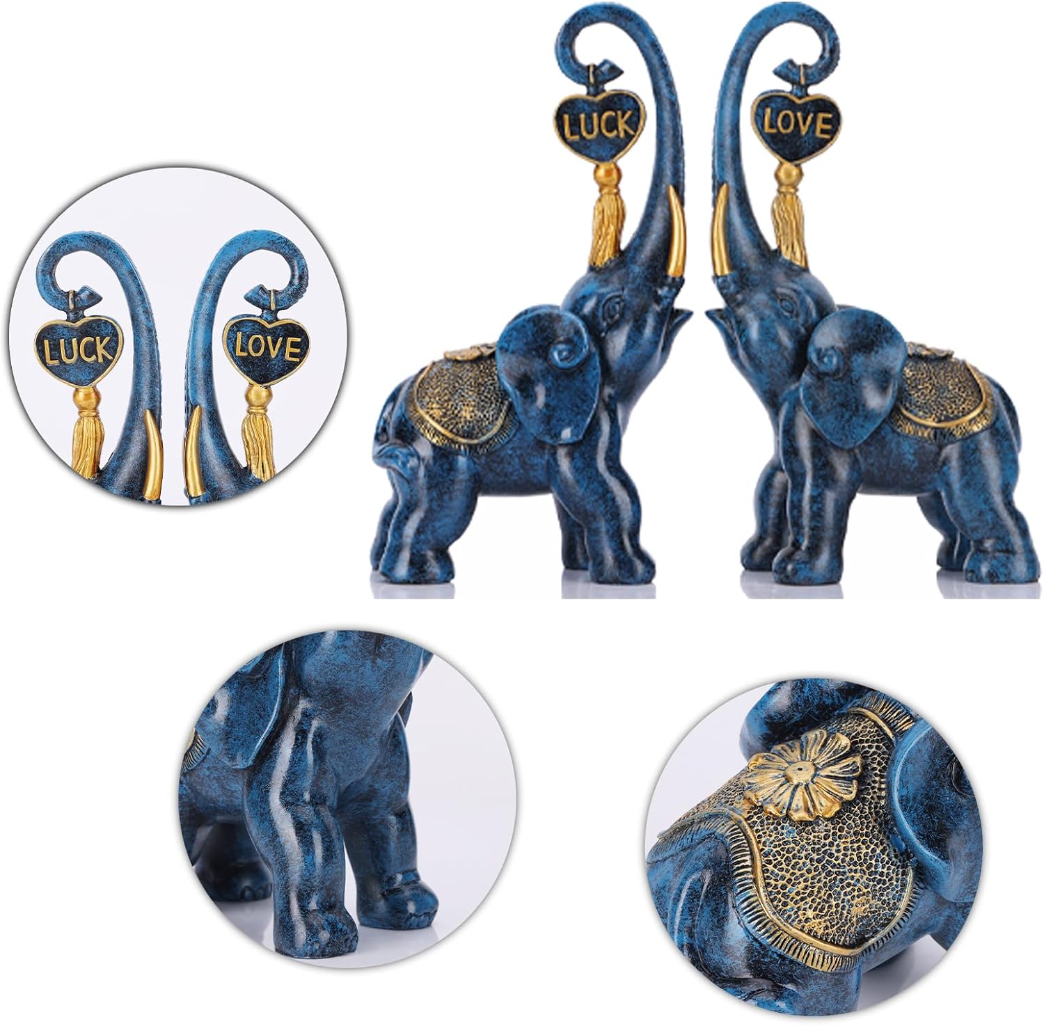 DOVDOV Blue Elephant Statue 2 Piece Set, Love Elephant Sculpture, Blue Home Decor Elephant, Office Bookshelf Bookcase Desk Top Decor.