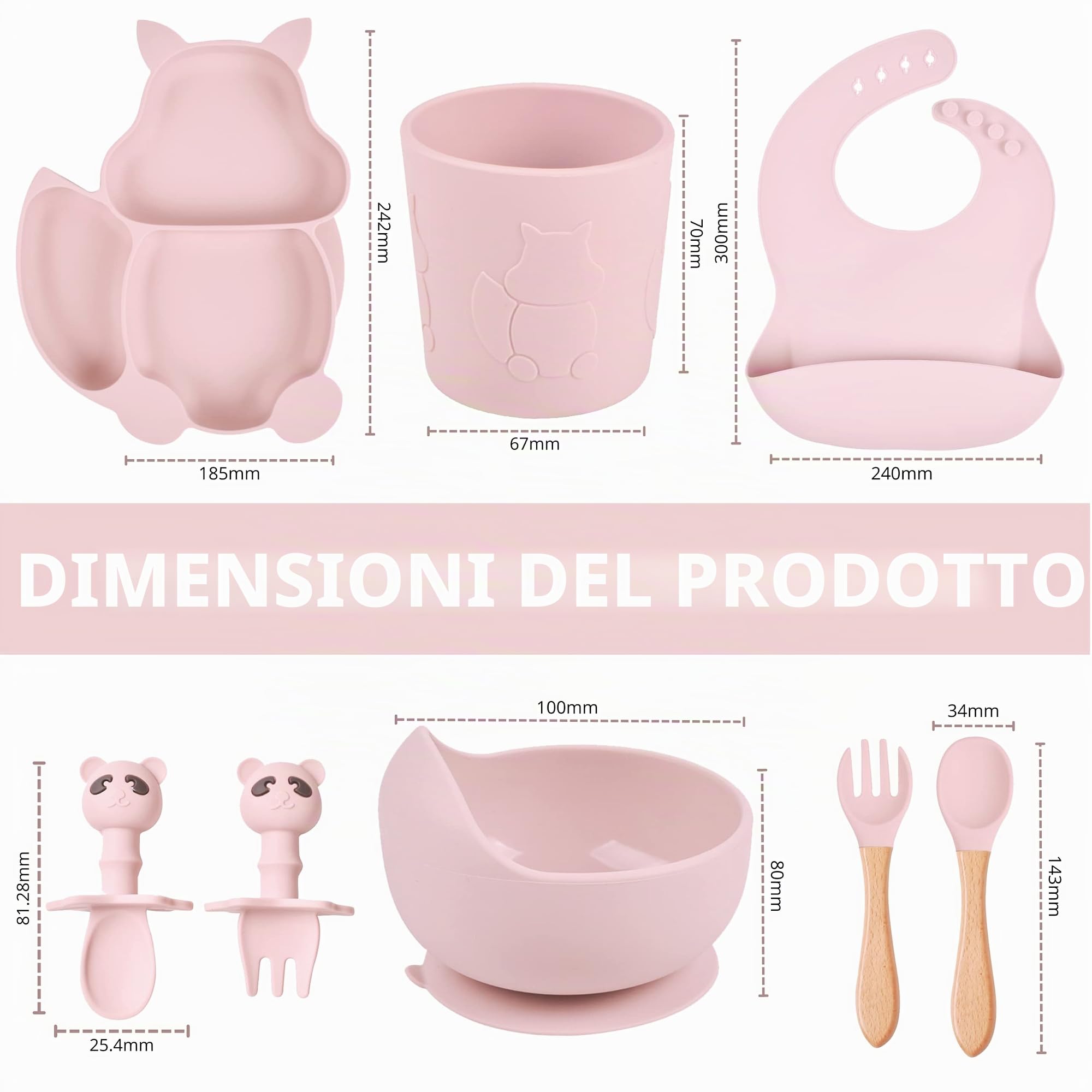 TudoBem Set Pappa Svezzamento 8 Pezzi – 1 piatto svezzamento con Ventosa, 1 Bavaglini Neonato, 1 Ciotola Antiscivolo, 2 Posate Bambini, 1 Cucchiaino Svezzamento, 1 Bicchiere Neonato 6 Mesi Prima Pappa