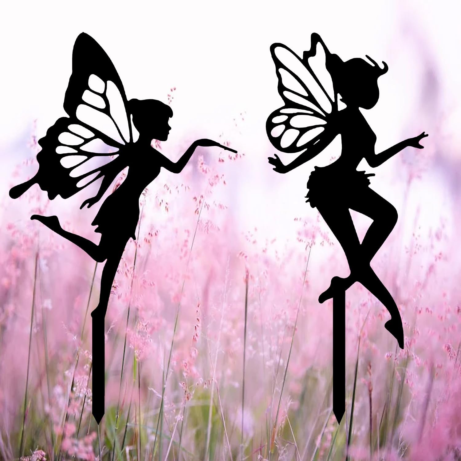 Garden Stake Metal Outdoor Decoration - Fairy With Magic Garden Stakes Outdoor Garden Decor Fairy Art Lawn Garden Silhouette Black Fairy Silhouette Stake for Yards, Gardens Spring Decor - Set of 2