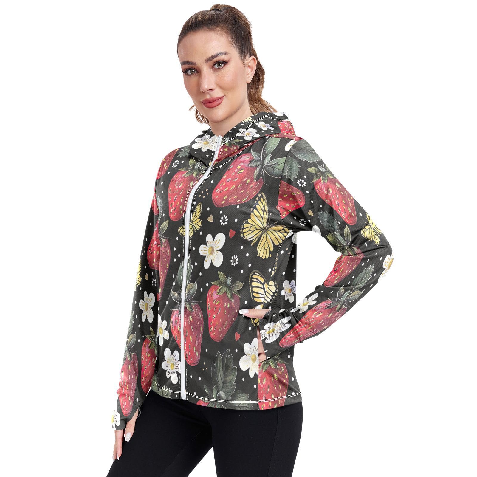Kigai Strawberry Women's UPF 50+ UV Sun Protection Clothing Zip Up Hoodie SPF Long Sleeve Sun Shirt Travel Outdoor Jacket