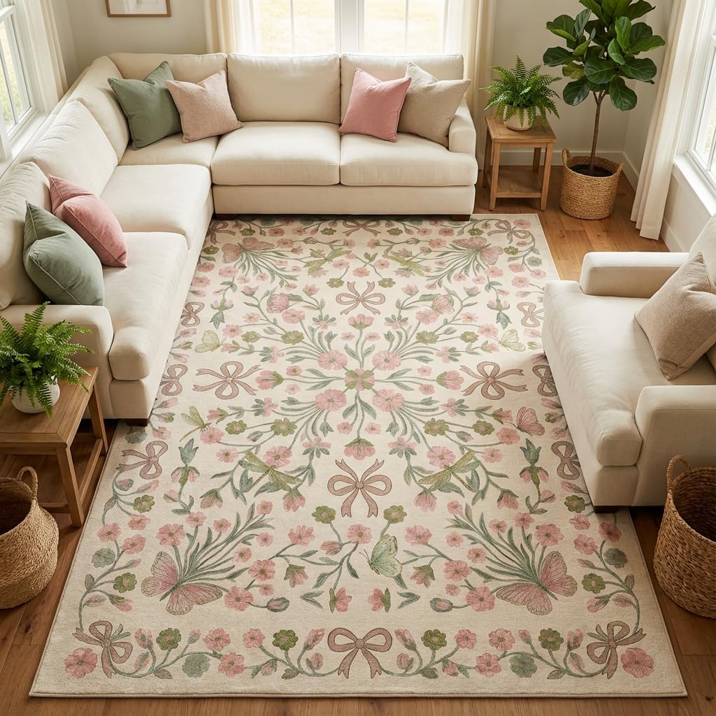 5x7 Area Rug for Living Room，Boho Pink and Green Floral Butterfly Bow Rugs，Non-Slip Washable Foldable Bedroom，Dining Room