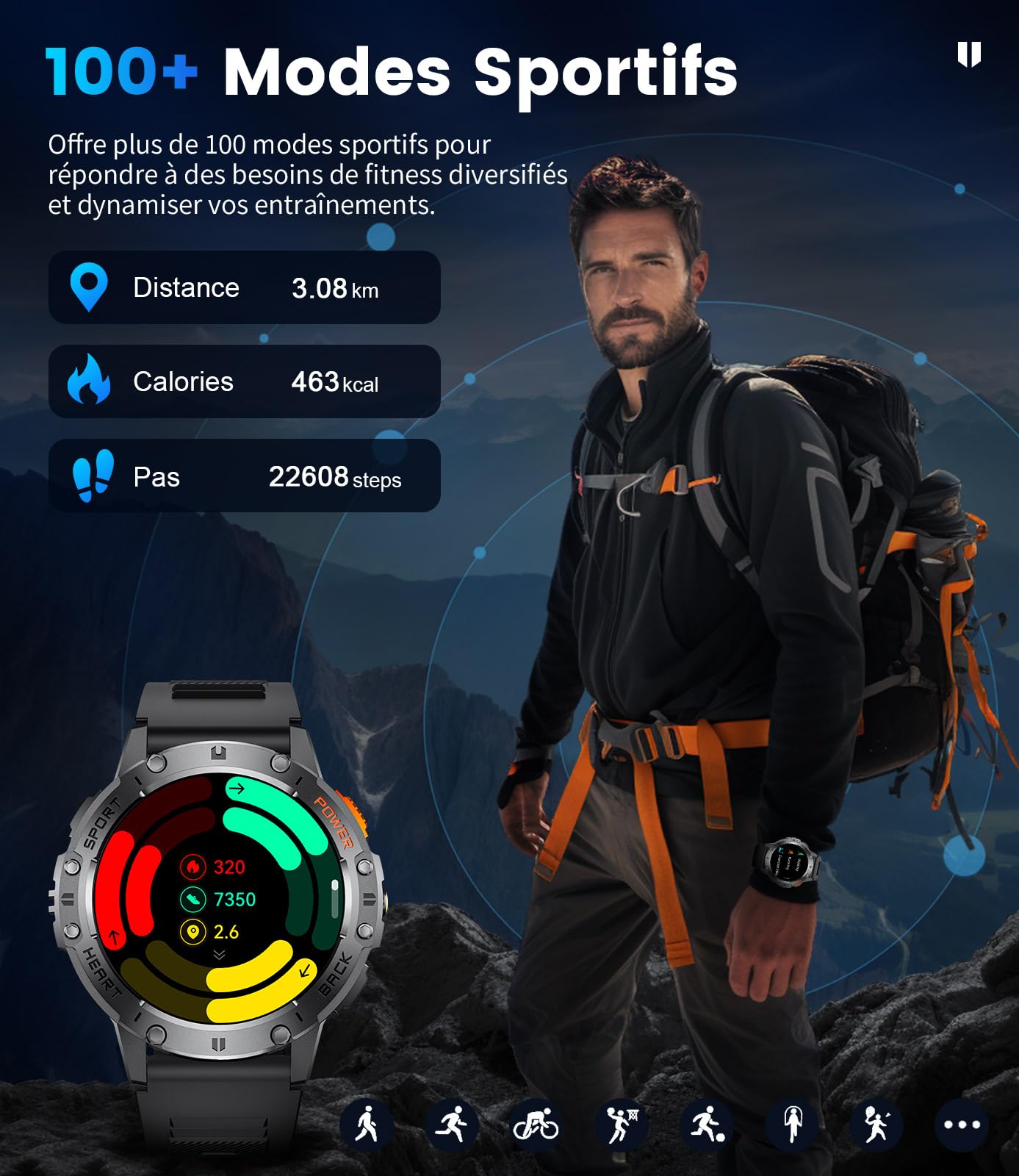 Montre Connectée Homme avec Appels Bluetooth/530 mAh, 1,43" HD AMOLED Smartwatch Homme avec 120+ Modes Sportifs/Moniteur de Fréquence Cardiaque/Sommeil/SpO2, IP68 Étanche Podomètre pour Android iOS